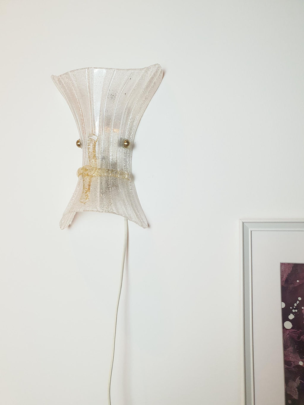 Vintage Murano Frosted Glass Wall Sconce: Venetian Shell Light with Yellow Bow
