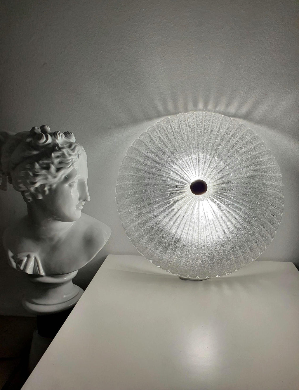Large vintage Venetian glass shell flush mount, ribbed relief, dual smooth and glass-sand finish, Art Deco, Italy