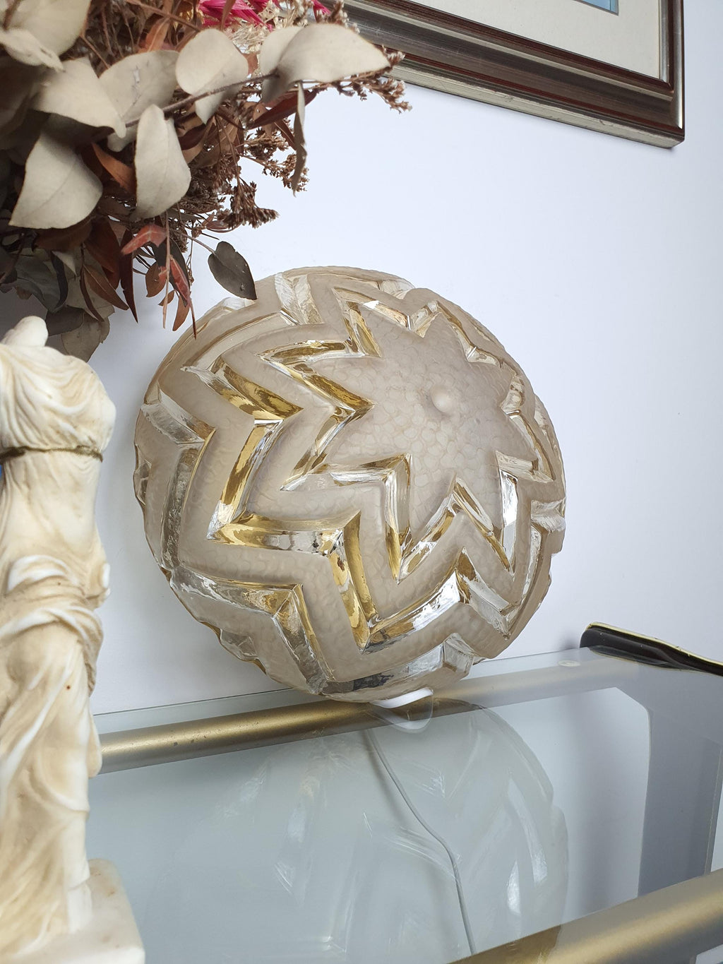 Art Deco Ceiling Light in Stamped Clear Glass | Matte Star Pattern, Bronze Base