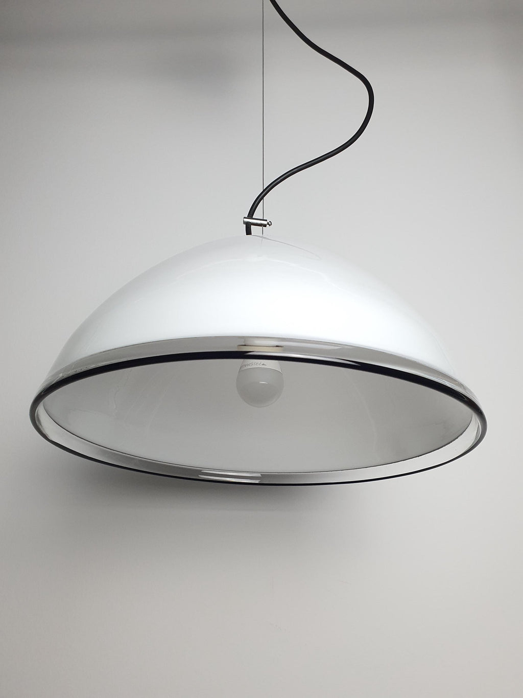 White bell minimalist pendant light in vintage Murano glass with black edge