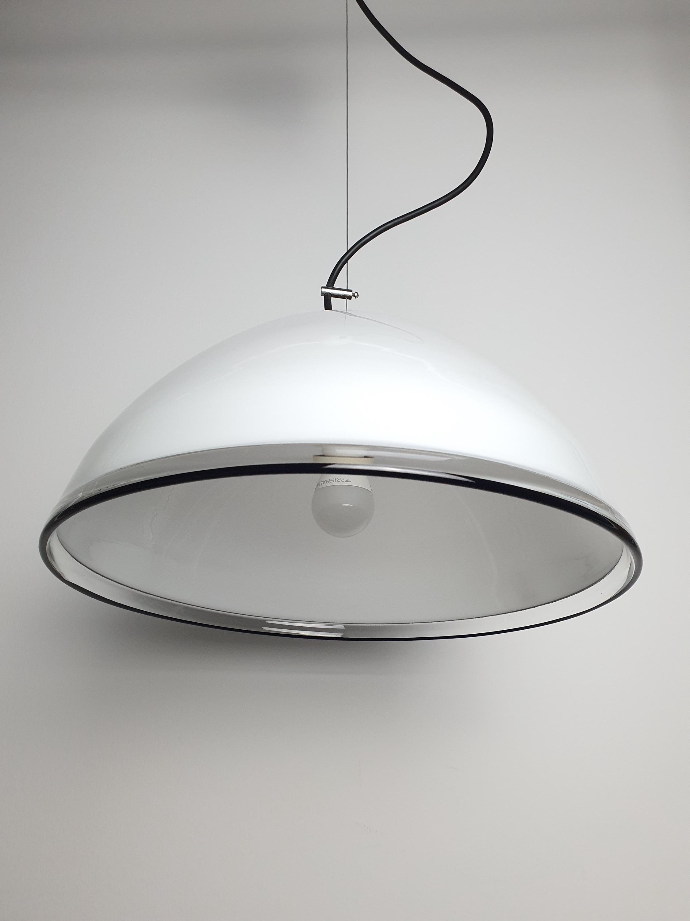 White bell minimalist pendant light in vintage Murano glass with black edge