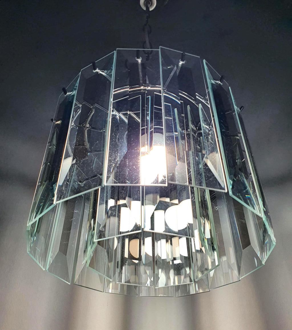 Vintage Art Deco chandelier, rectangular crystal glass petals, aged chrome frame, compact MCM statement, Europe 1930s–1960s