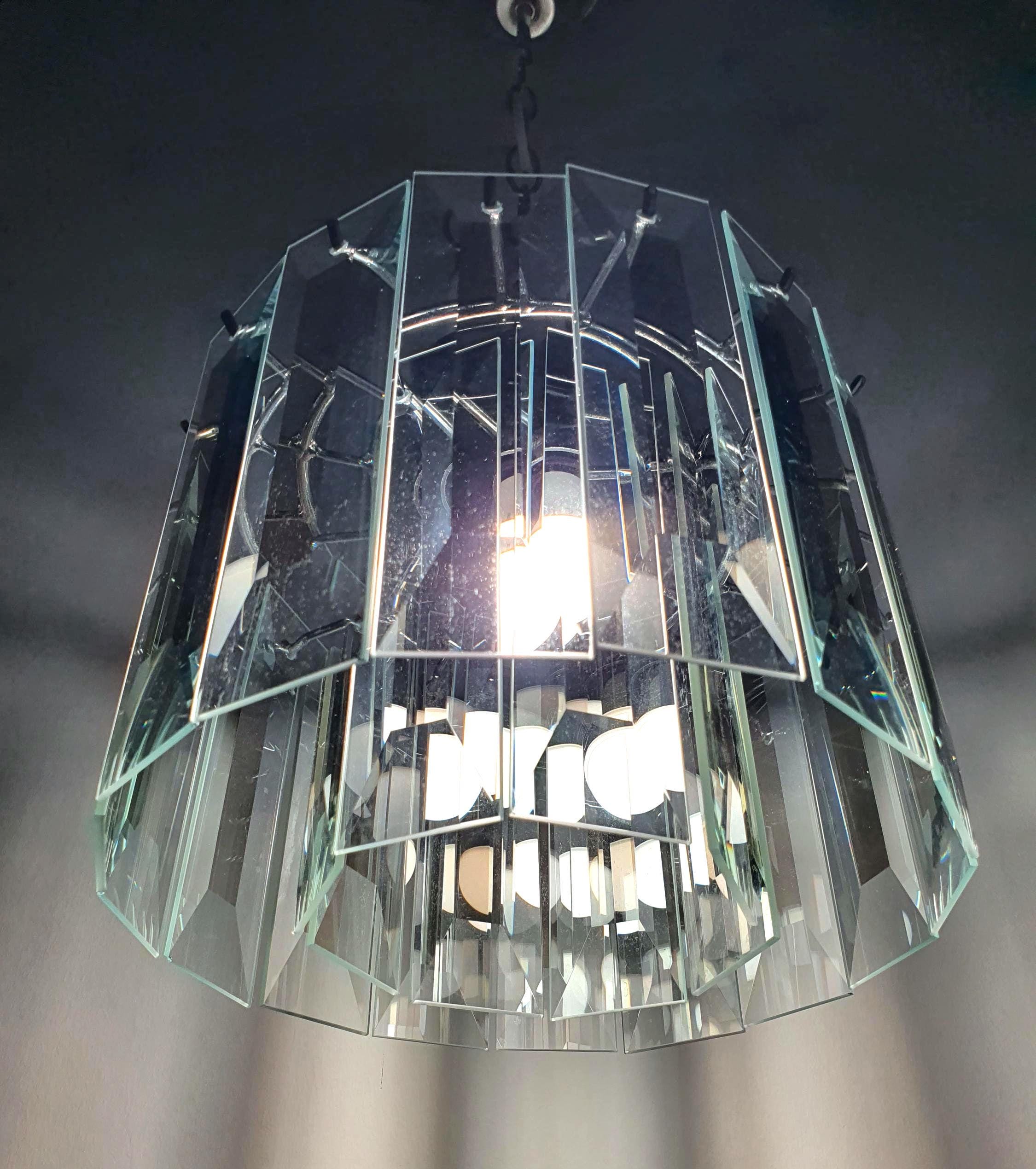 Vintage Art Deco chandelier, rectangular crystal glass petals, aged chrome frame, compact MCM statement, Europe 1930s–1960s