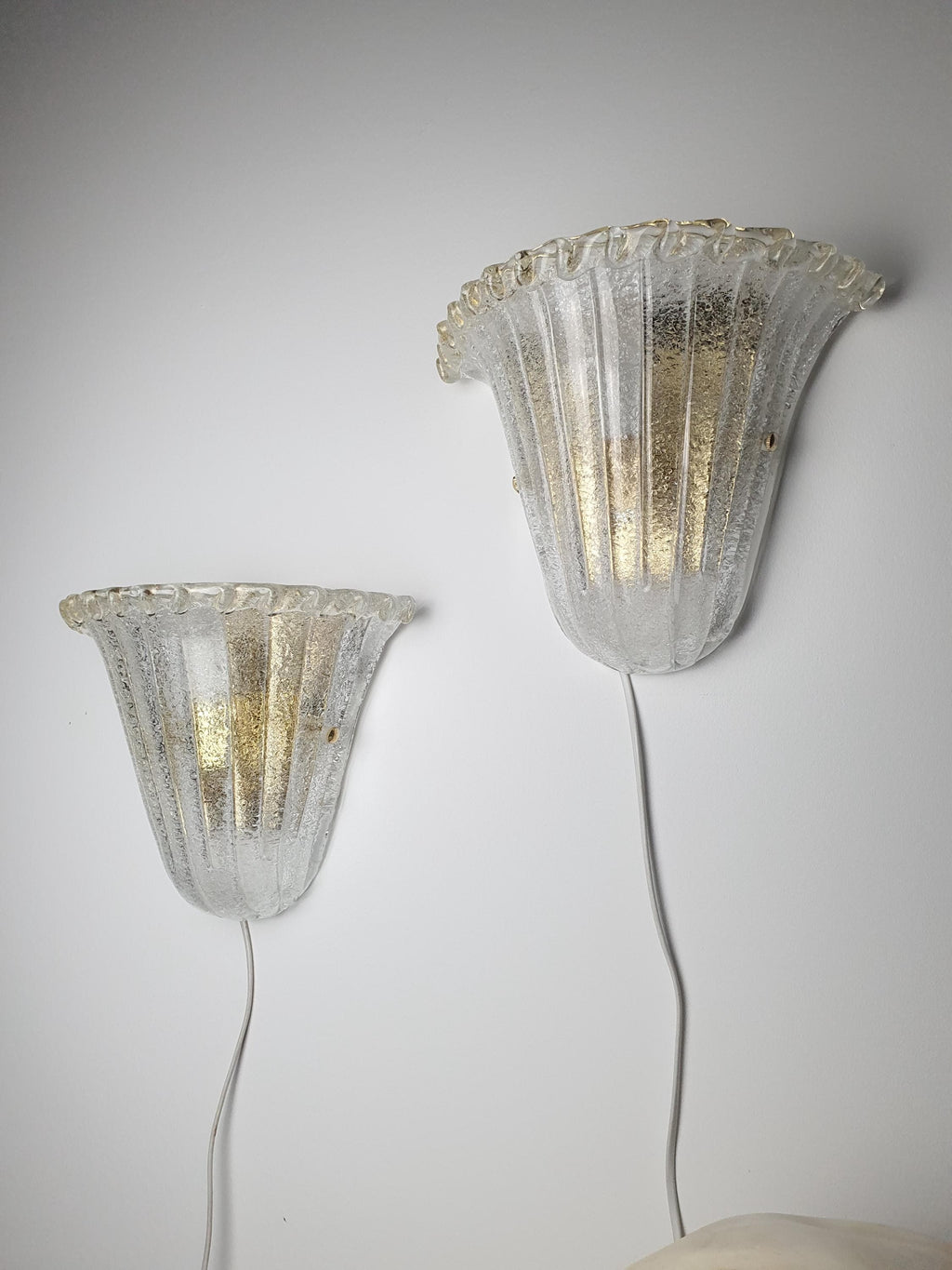 Pair of vintage Italian shell sconces with textured glass and metal mounts
