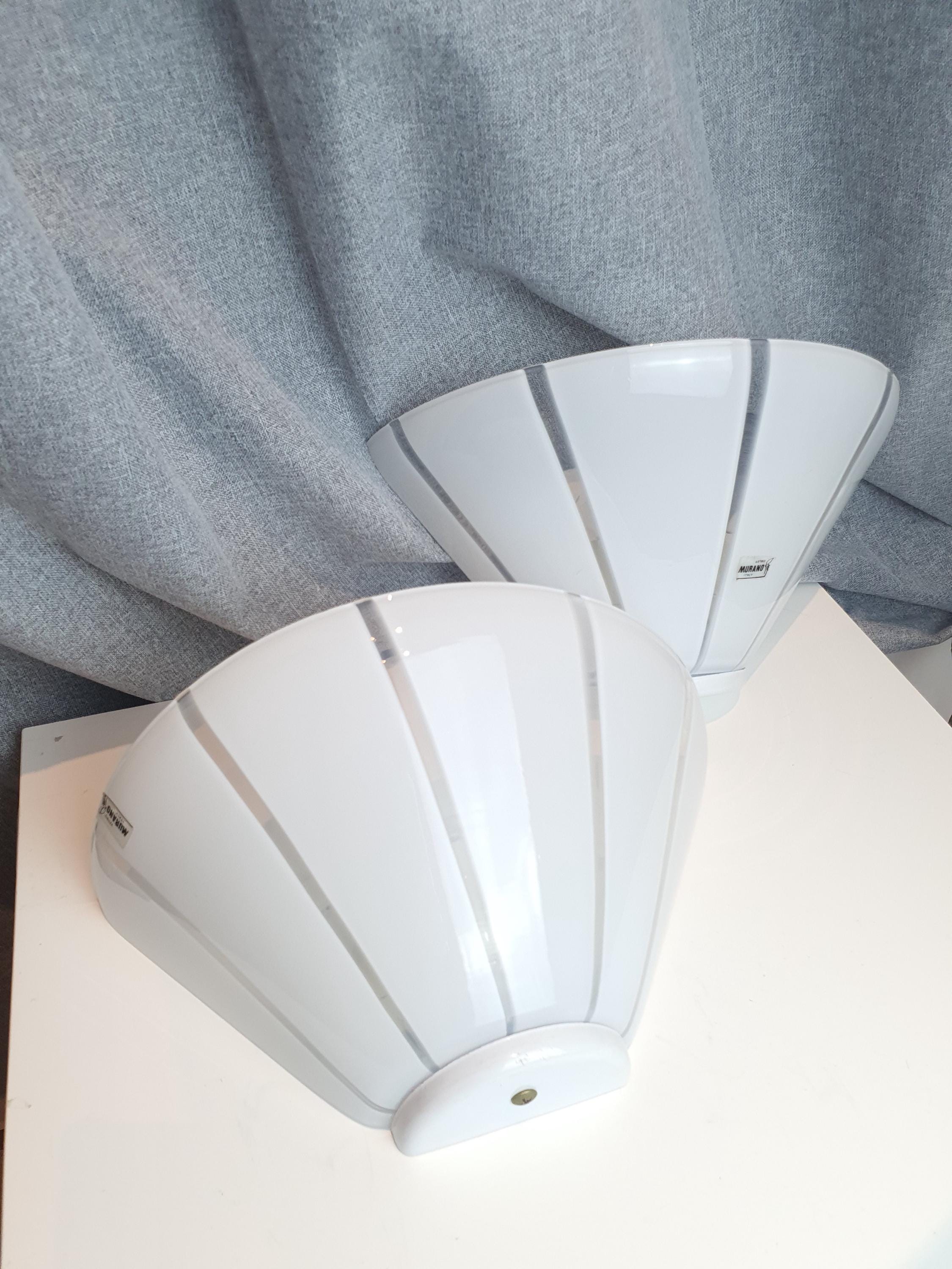 Vintage Murano Glass Wall Sconces: White Striped Cone Light Fixture
