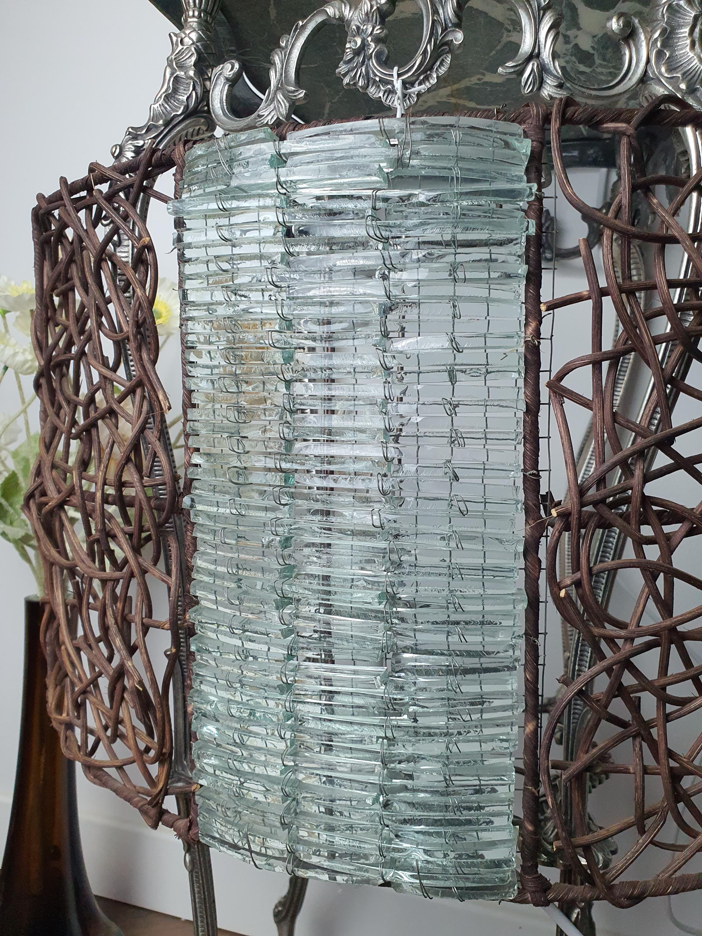 Pair of Large Mosaic Bottle Glass & Rattan Wall Sconces | Handcrafted Vintage Lighting