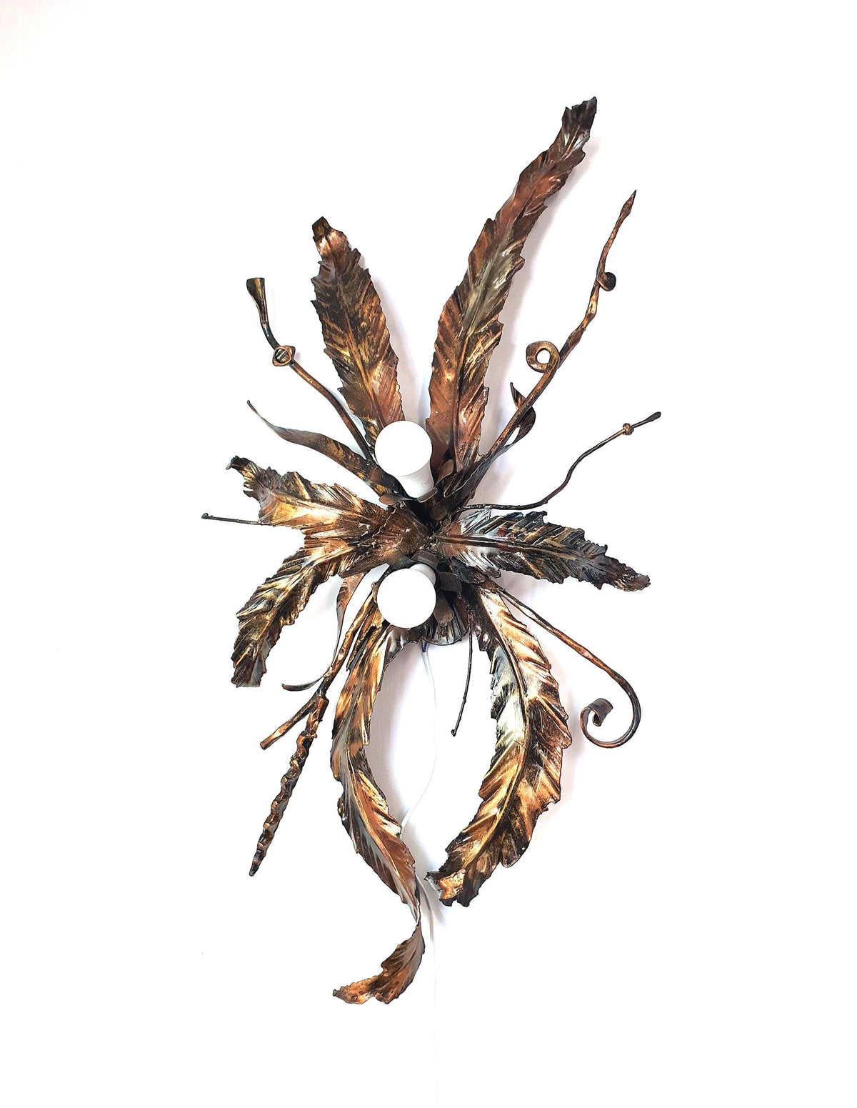 Large vintage 1980s botanical wall or ceiling light with gilded metal leaves

