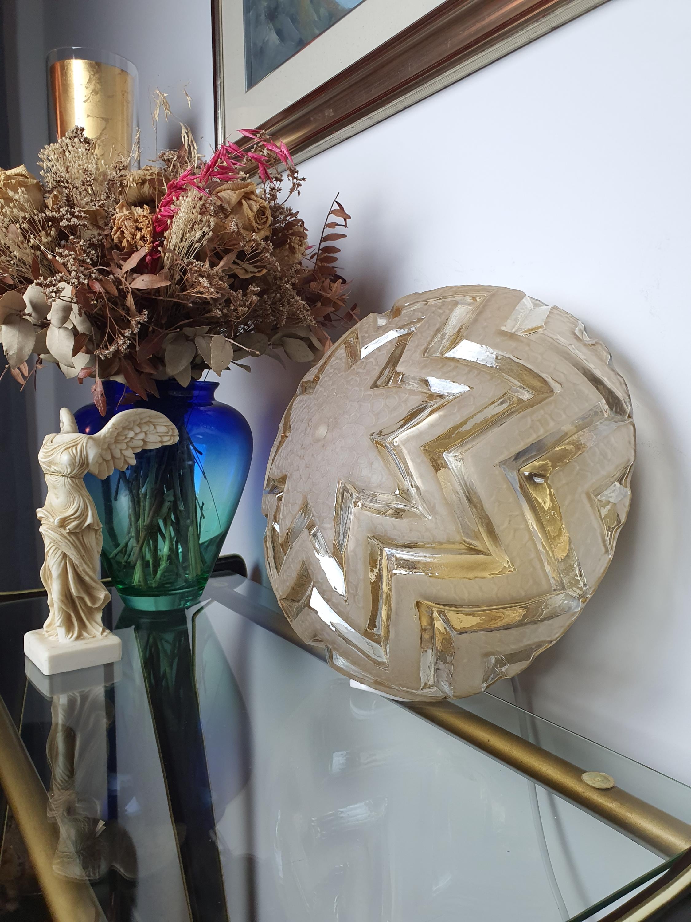 Art Deco Ceiling Light in Stamped Clear Glass | Matte Star Pattern, Bronze Base