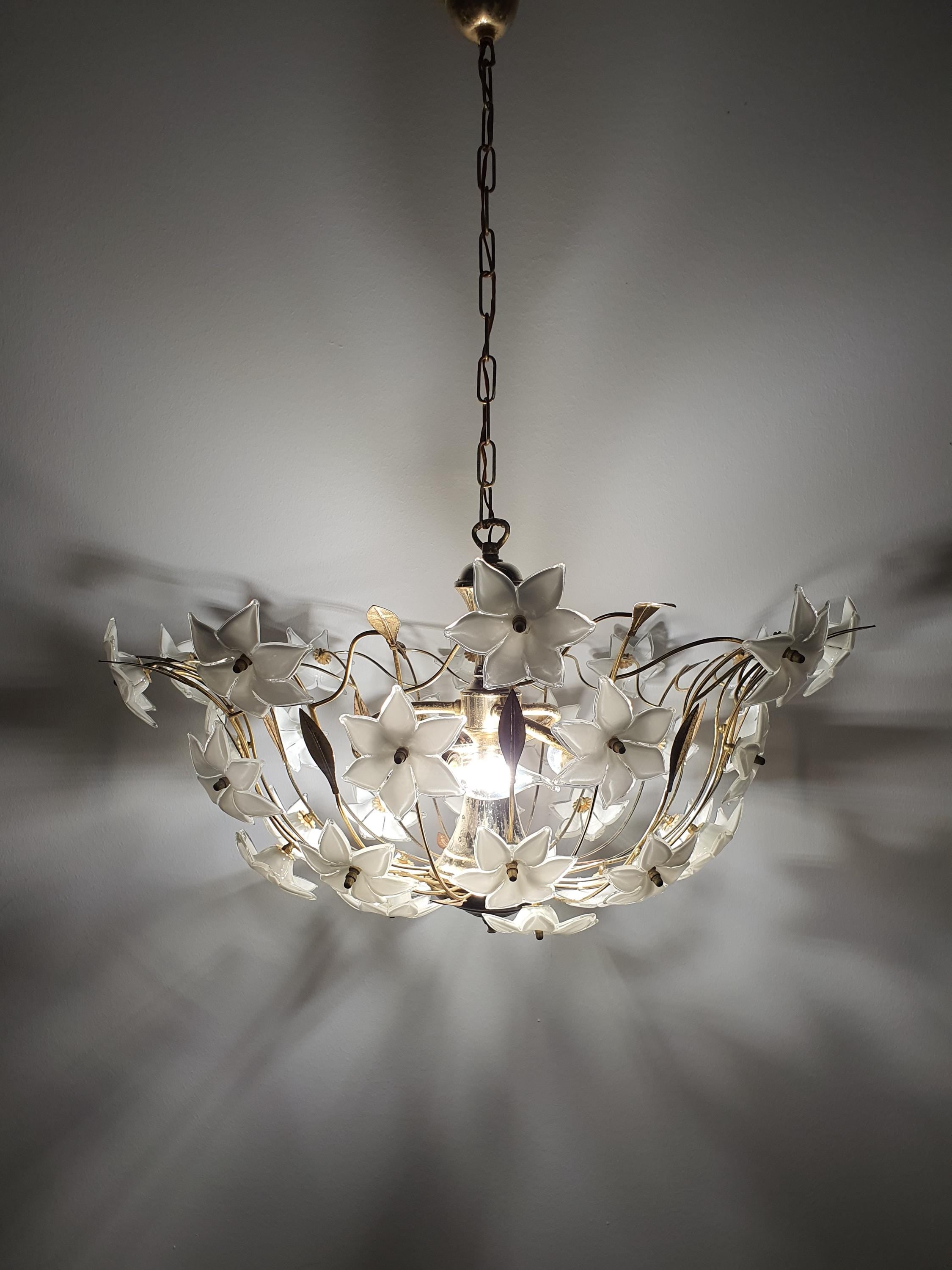 Vintage 1980s Murano glass floral chandelier in dining room, white flower bowl soft glow, gold frame, Maximalist Hollywood Regency