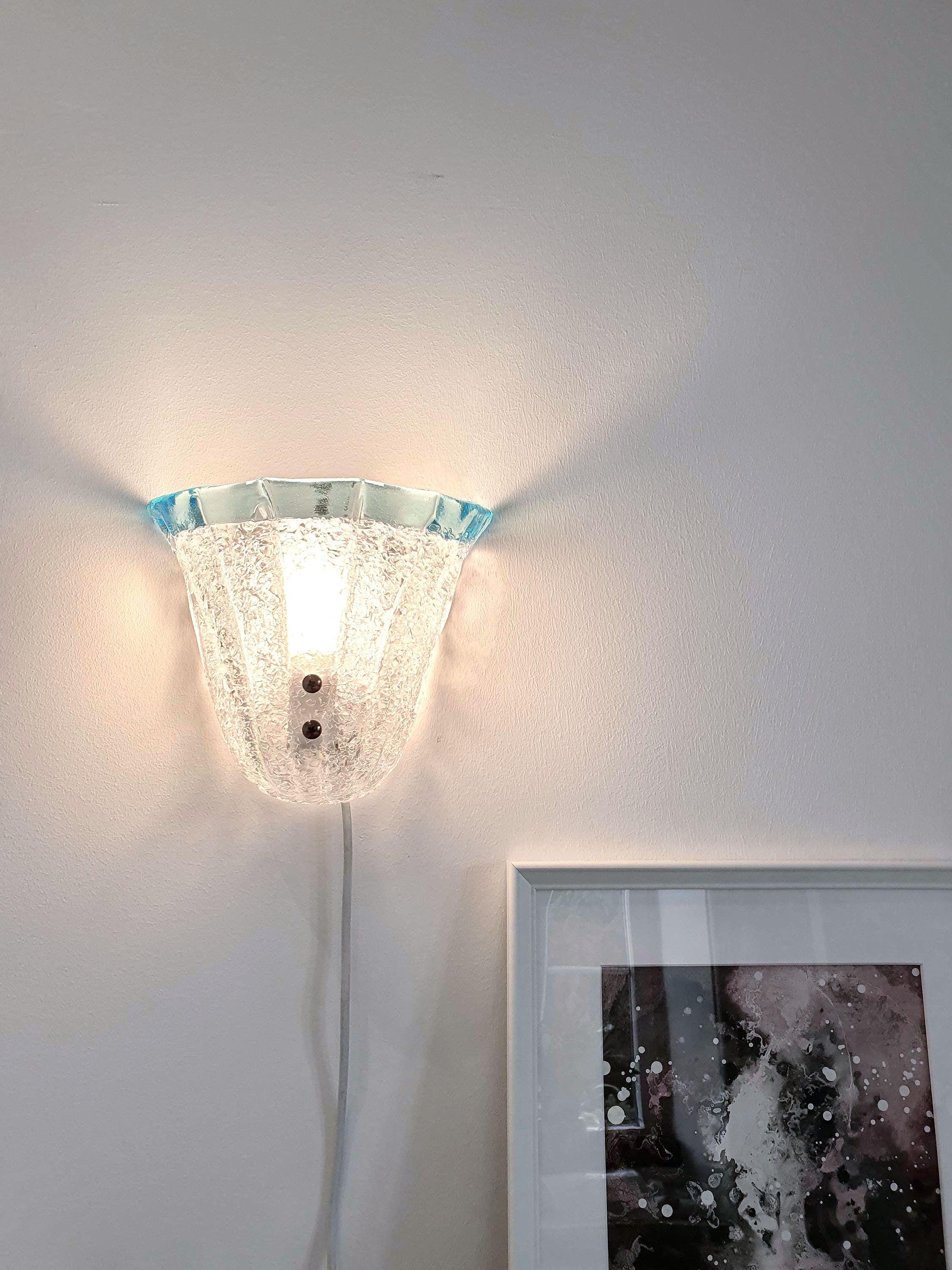 Vintage Murano Glass Floral Wall Sconce: Frosted Clear & Light Blue