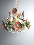 Vintage Italian tole chandelier, poppy flowers and leaves, red green beige painted metal, 4-arm candle style, cottage Mediterranean