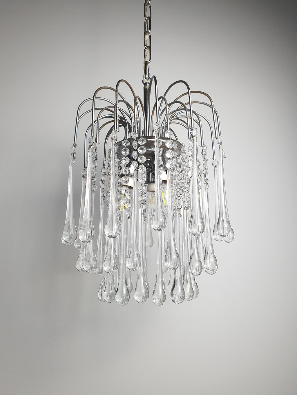 Vintage Murano Glass Clear Teardrop Cascade Chandelier – Chrome Frame, Hollywood Regency, 1980s
