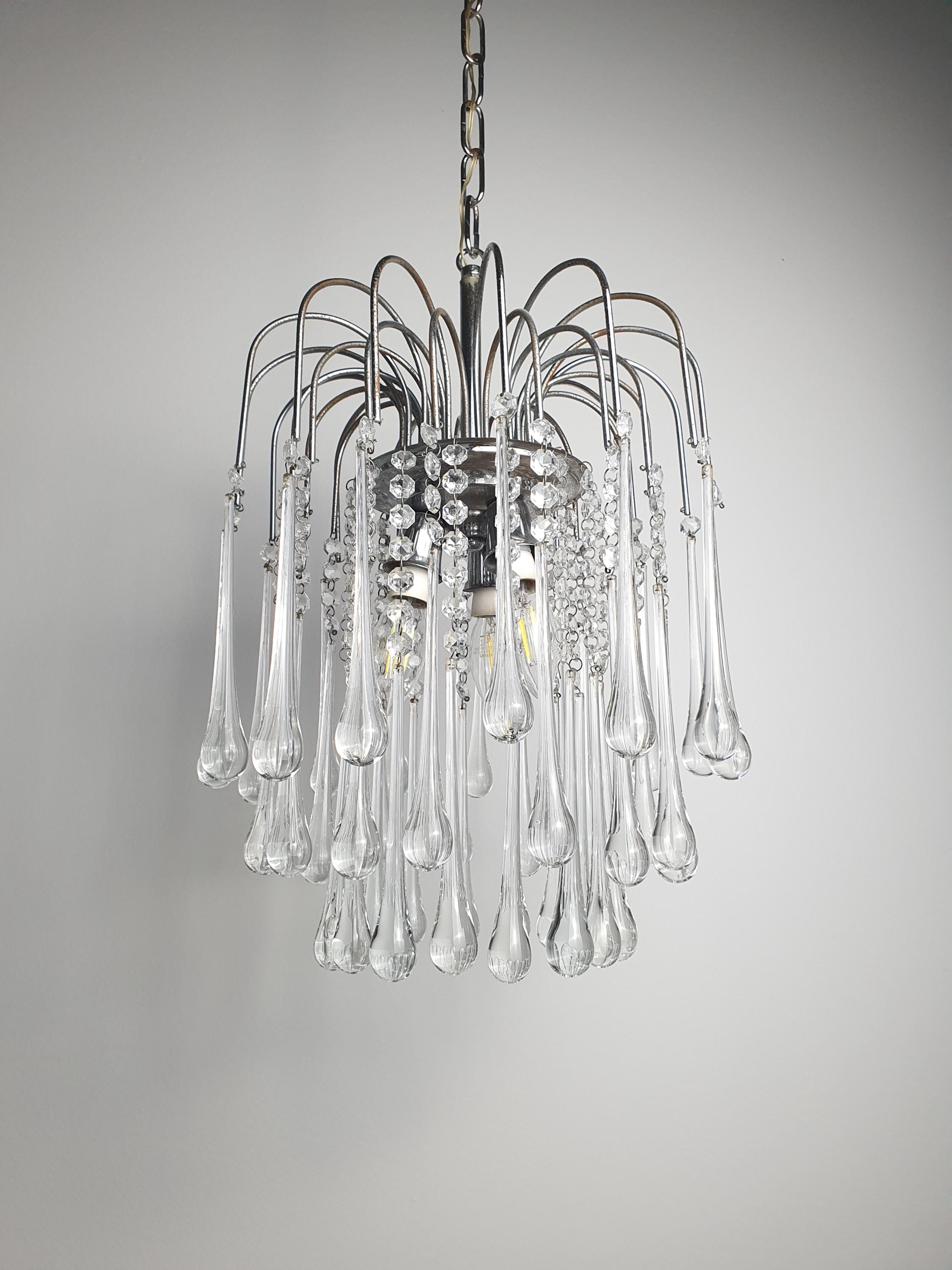 Vintage Murano Glass Clear Teardrop Cascade Chandelier – Chrome Frame, Hollywood Regency, 1980s