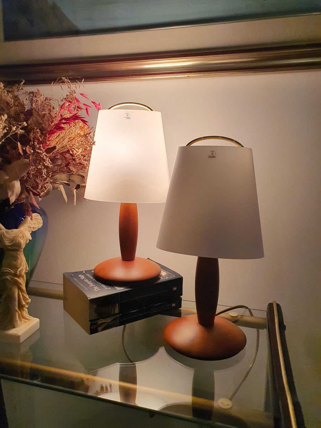 Due P. Vintage Murano Glass Desk Lamps | Pair of Italian Midcentury Wooden-Base Lights