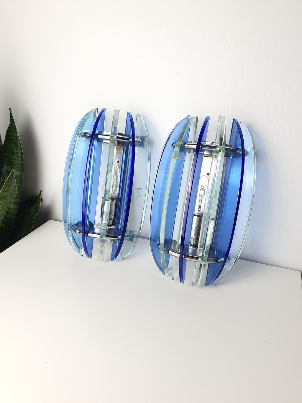 Pair of vintage Veca cobalt blue UFO wall sconces — good vintage condition, full view