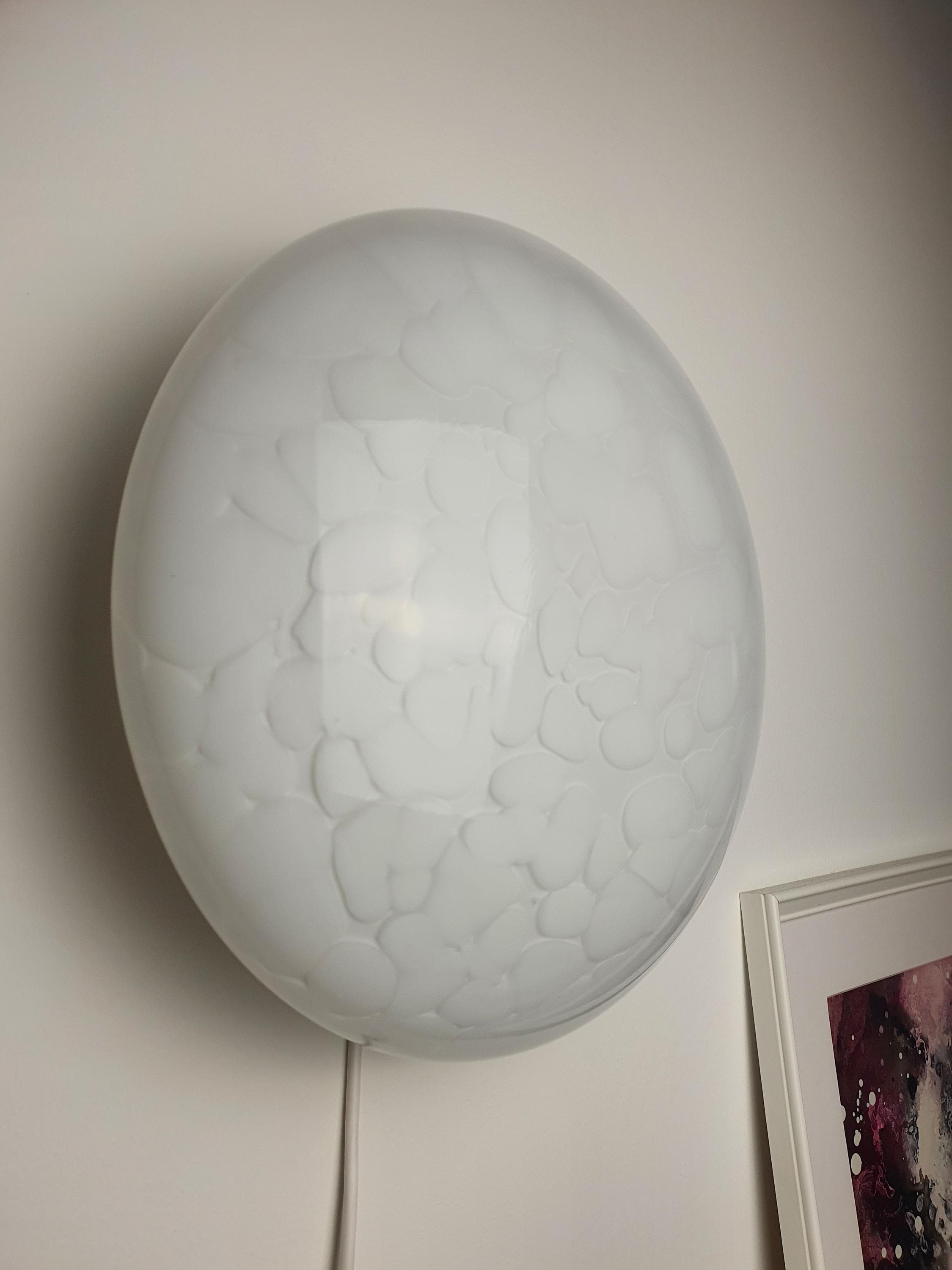 Underside view of vintage Murano glass moonstone flush mount, E27 socket, layered white spotted glass