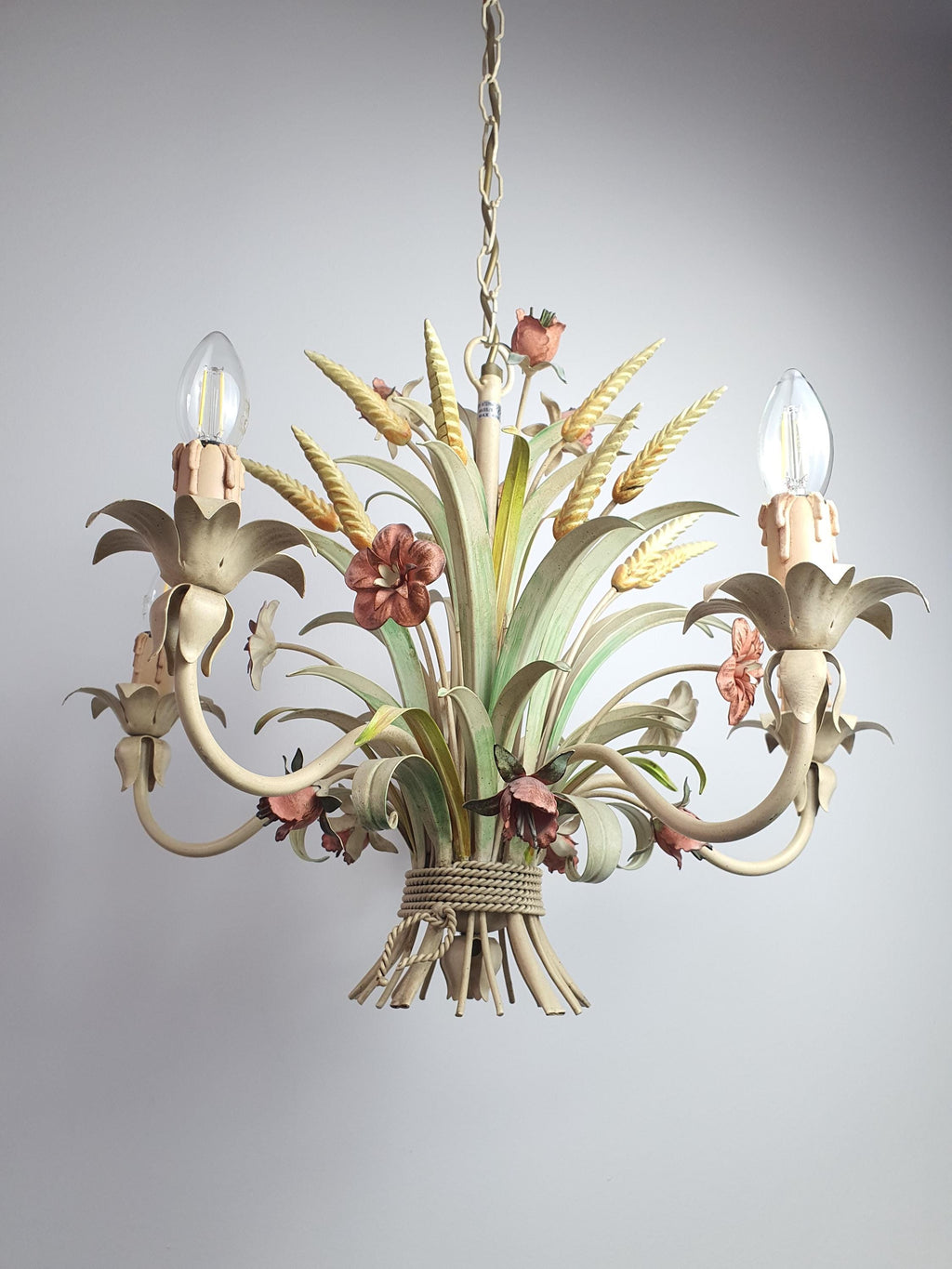 Vintage Italian tole chandelier — 5 arms, poppy and wheat bouquet, beige green red, front view