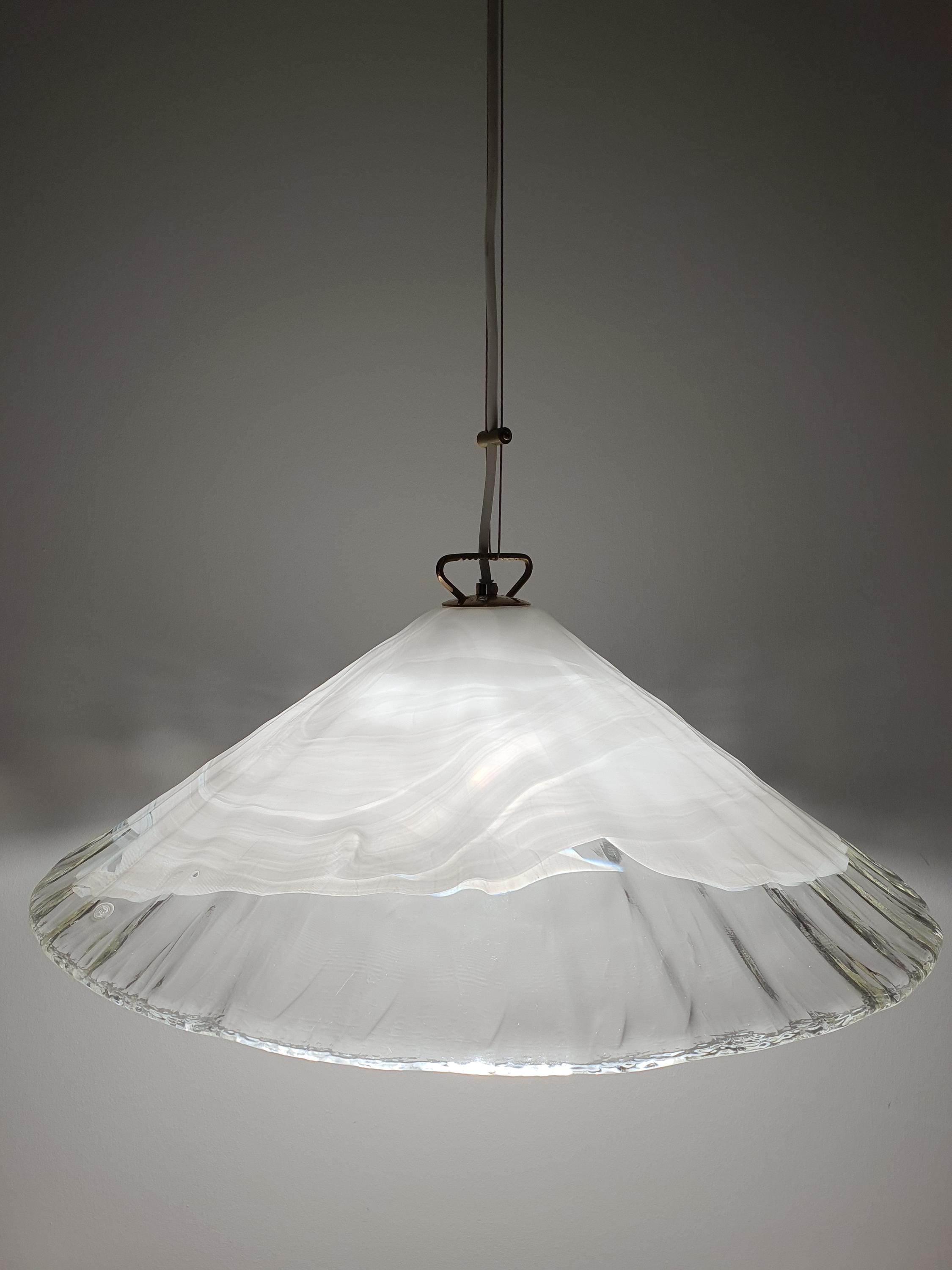 La Murrina White Wave Cone Pendant Light | Vintage Handcrafted Murano Glass | Italian Mid-Century Modern
