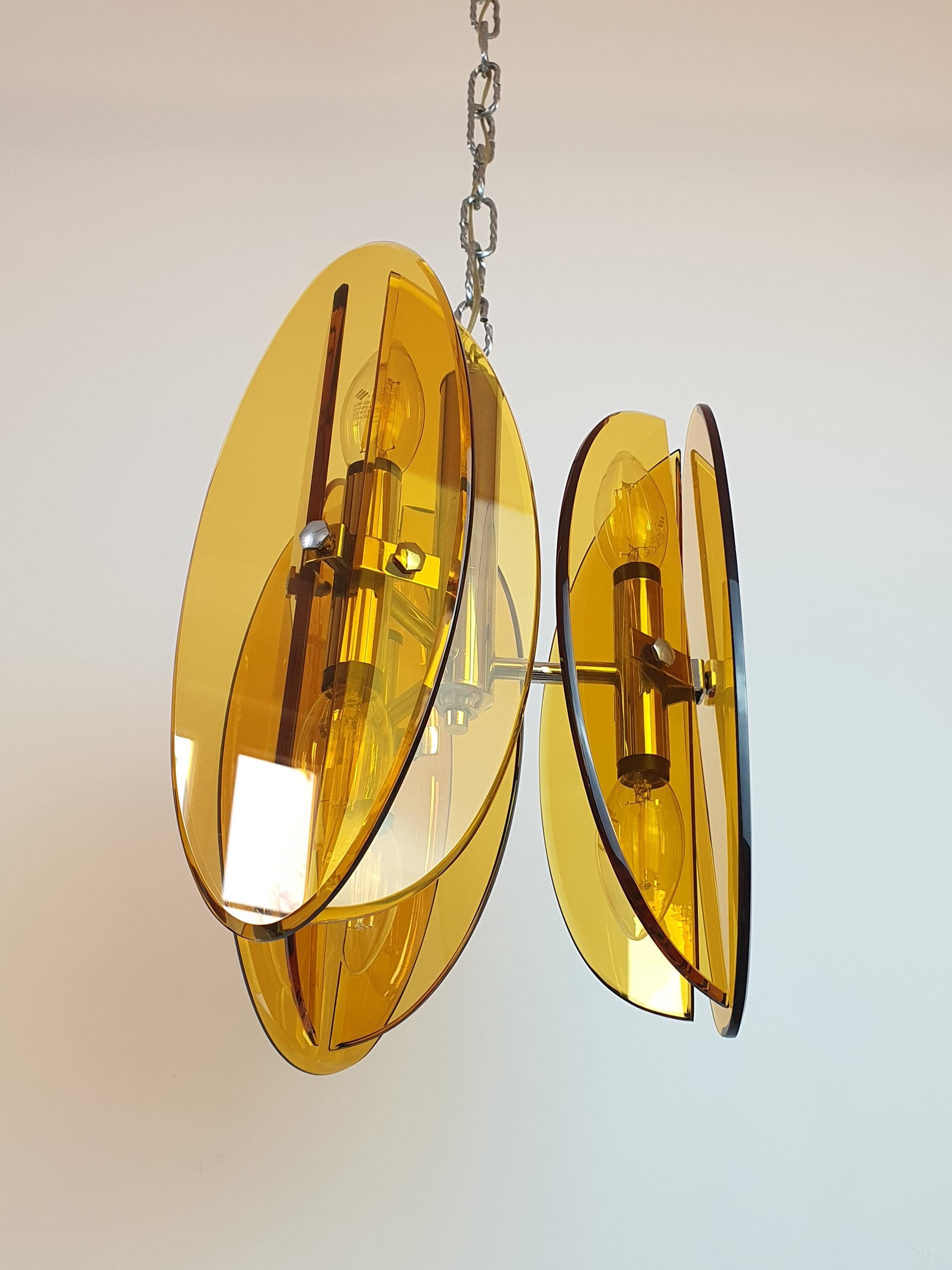 Veca Italian Chandelier 1970s Orange Glass Space Age Pendant Chrome Base