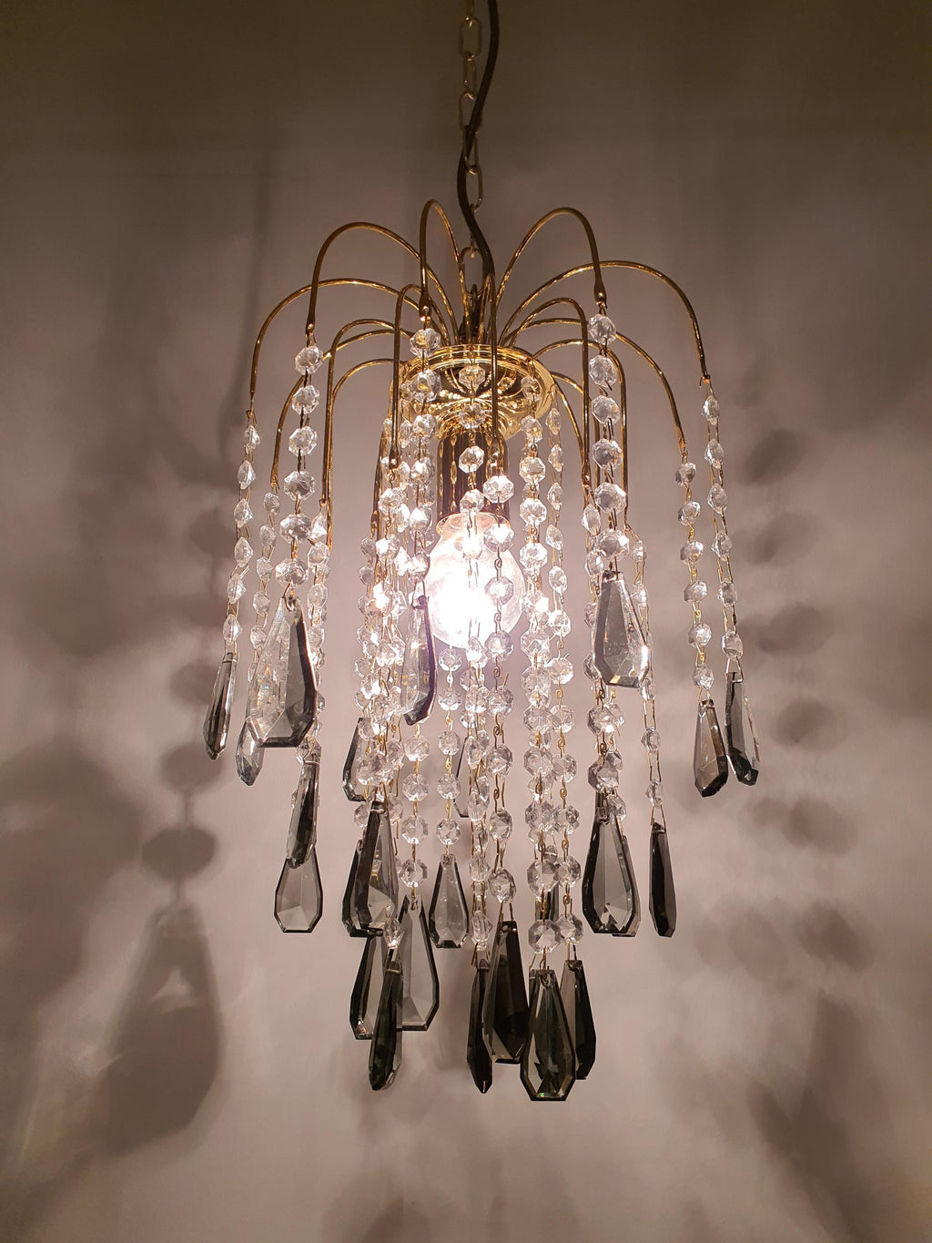Vintage Waterfall Chandelier: Gray Teardrop Crystals, Hollywood Regency Lighting