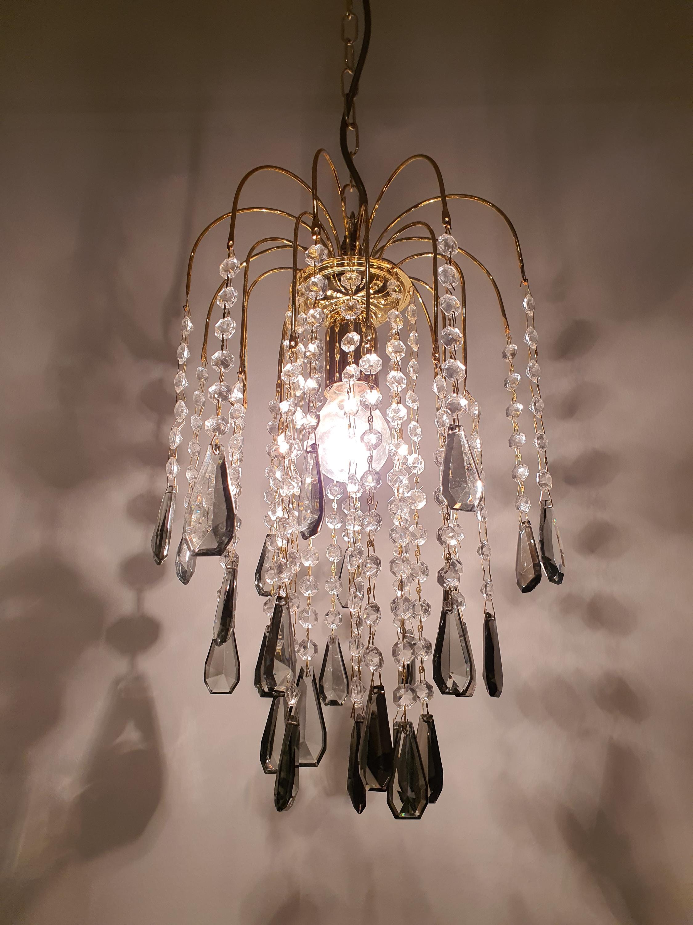 Vintage Waterfall Chandelier: Gray Teardrop Crystals, Hollywood Regency Lighting