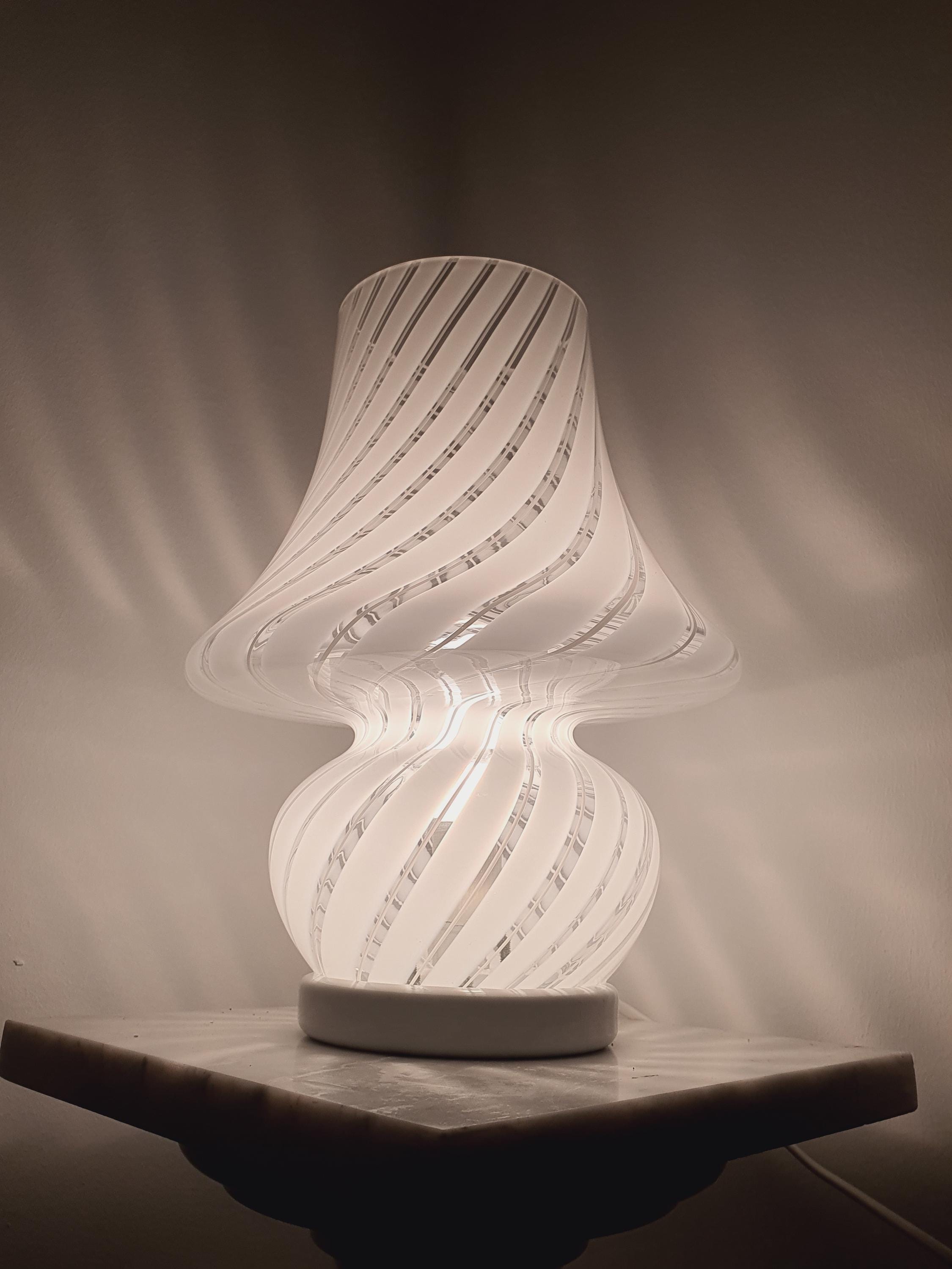 Vintage Murano Glass Mushroom Lamp: White Swirl, 1970s Italian Lighting
