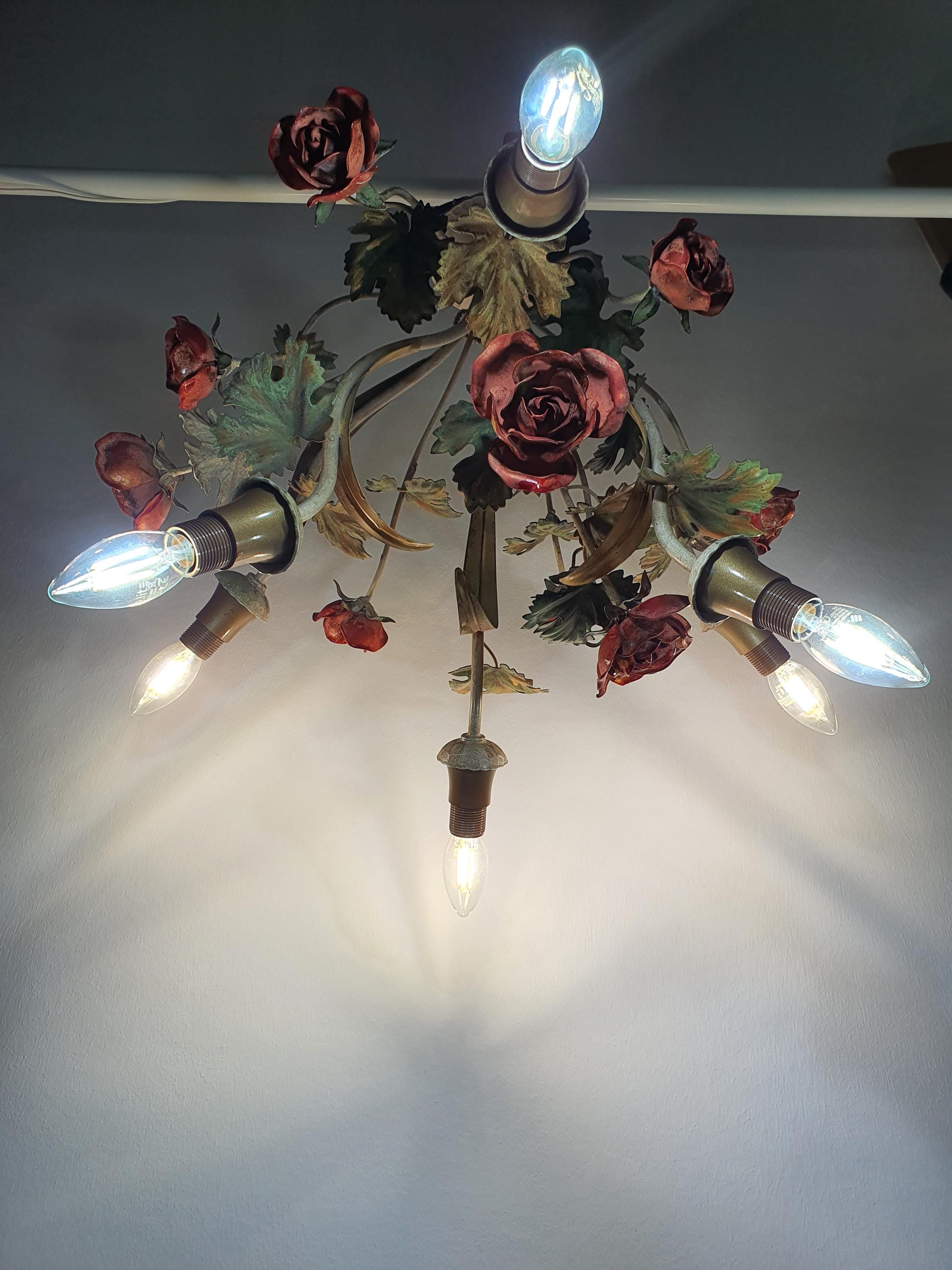 Vintage Italian 6-arm tole chandelier — red roses green gold, good vintage condition, full view