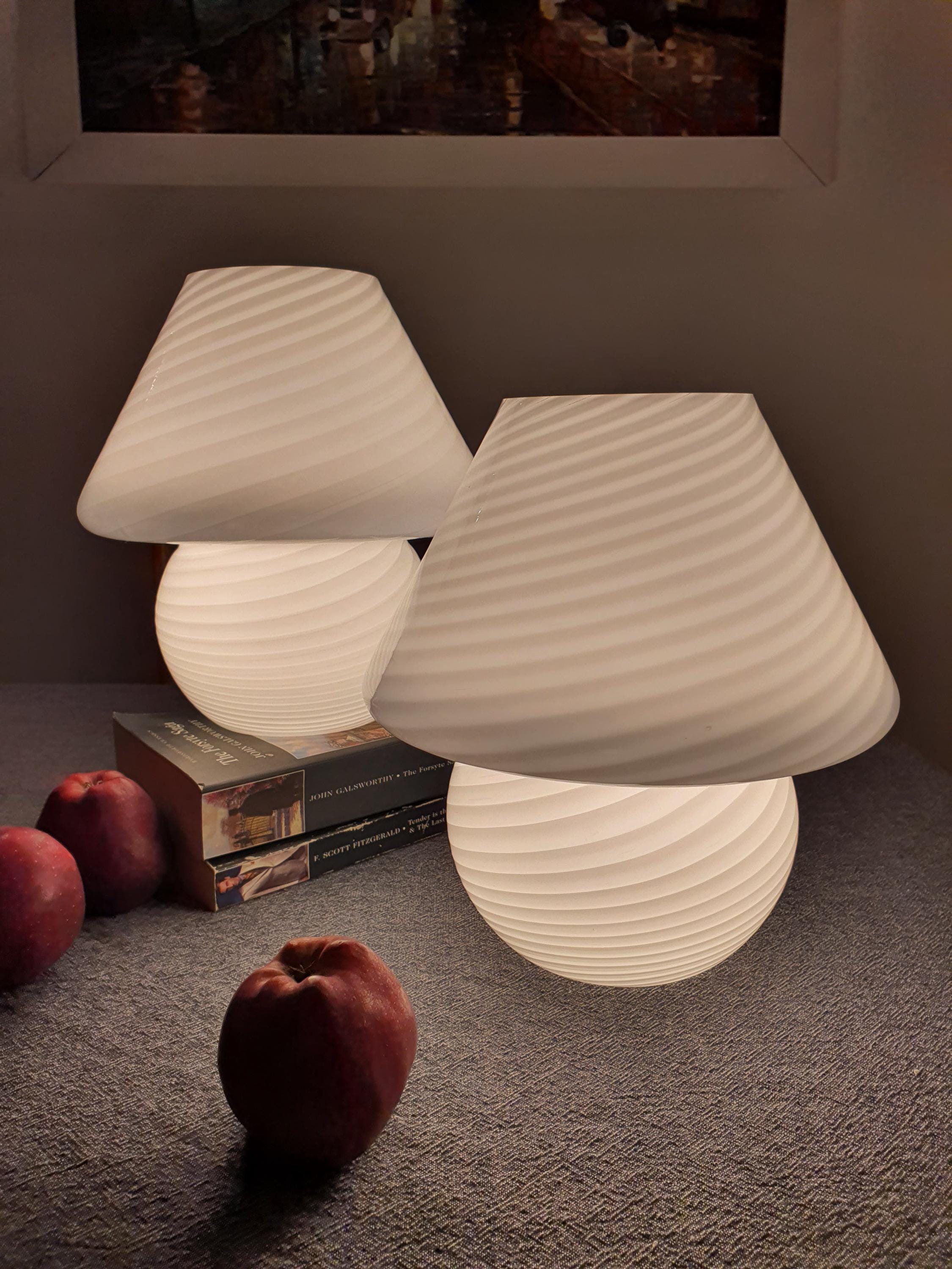 Pair of Vintage Murano Glass White Swirl Mushroom Bedside Lamps