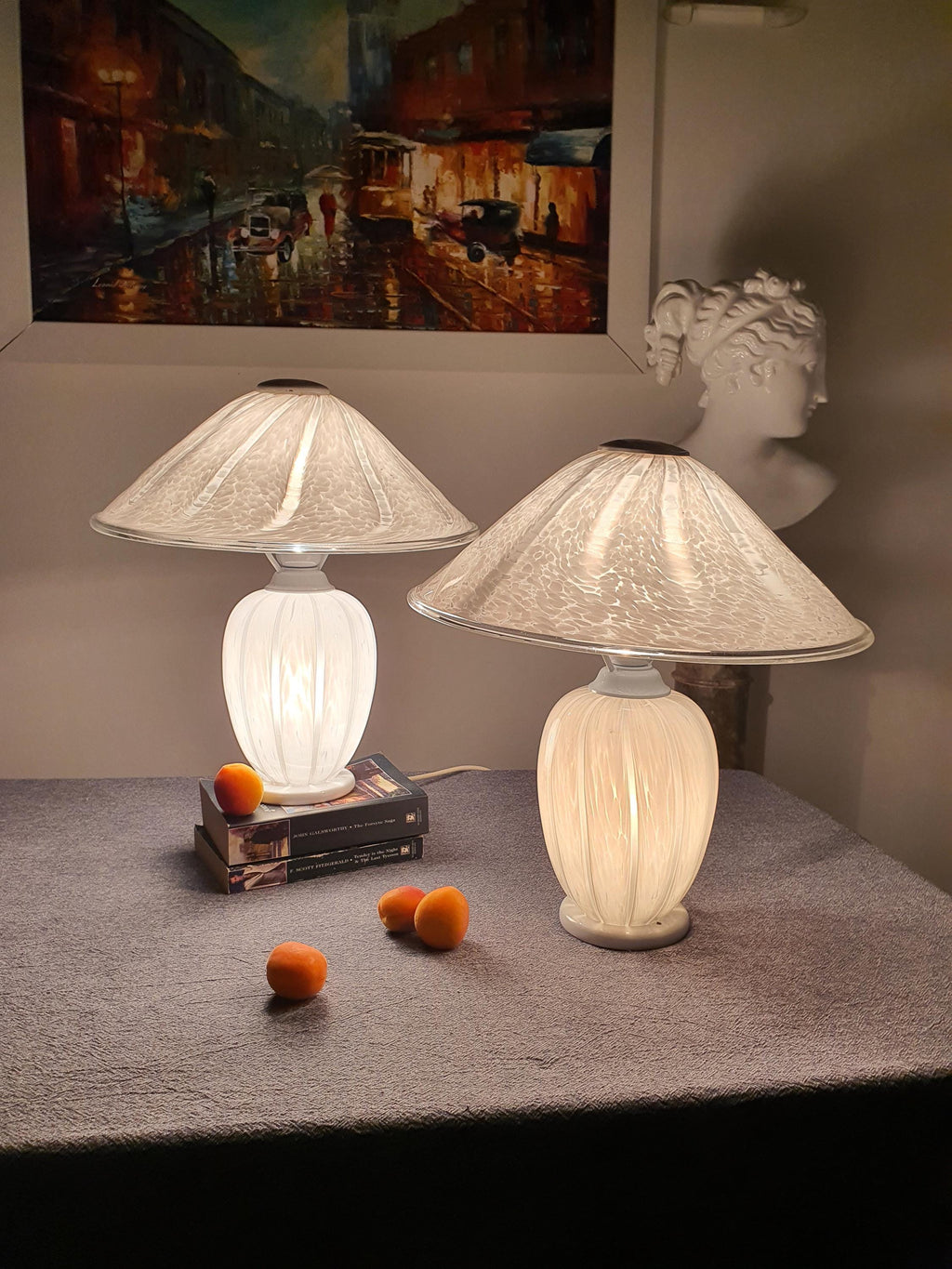Pair of Murano glass wave lamps — both lamps shown together, bedroom setting