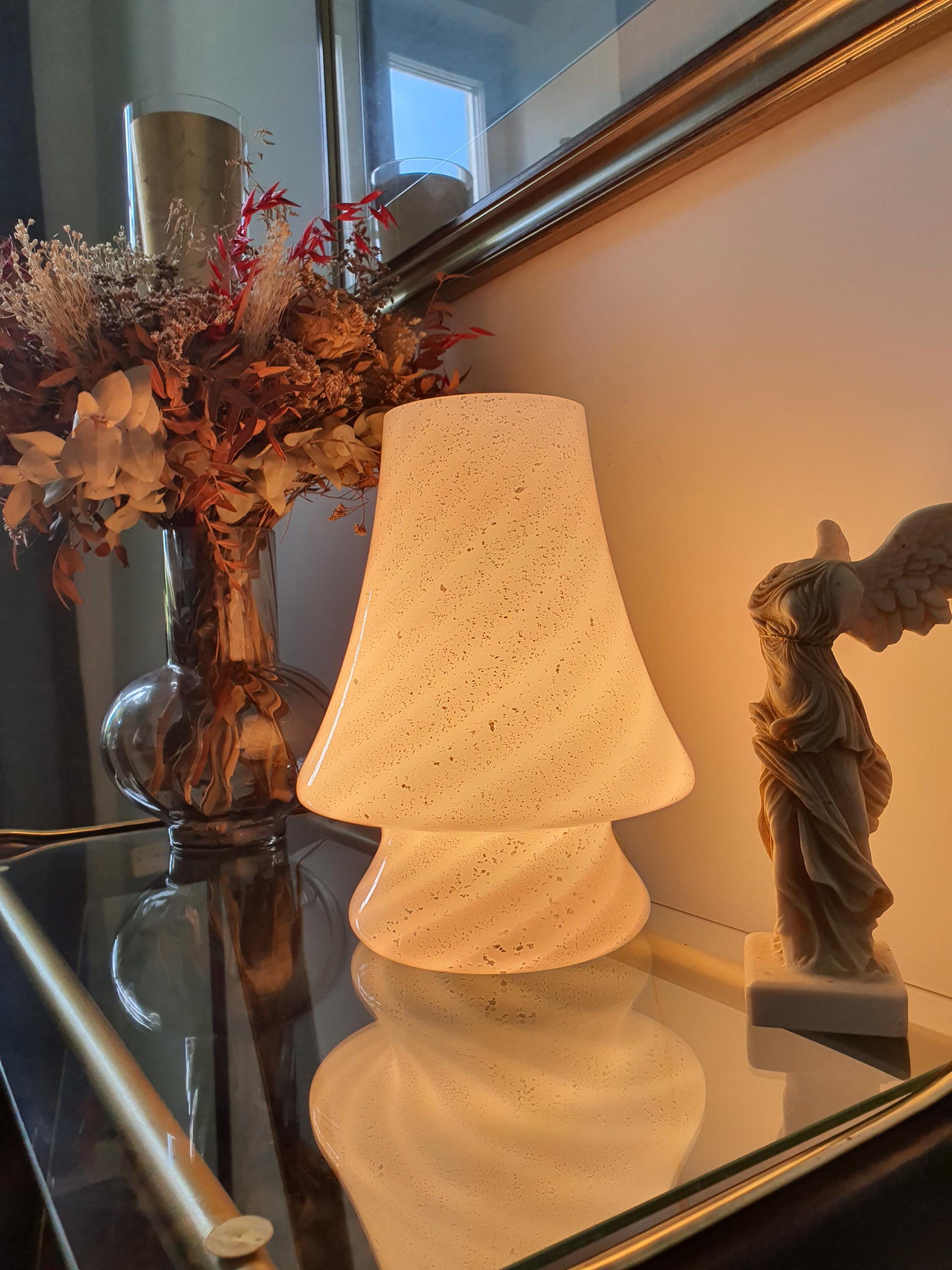 Murano Glass Mushroom Table Lamp: White Silver Swirl, MCM Nordic Bedside Light
