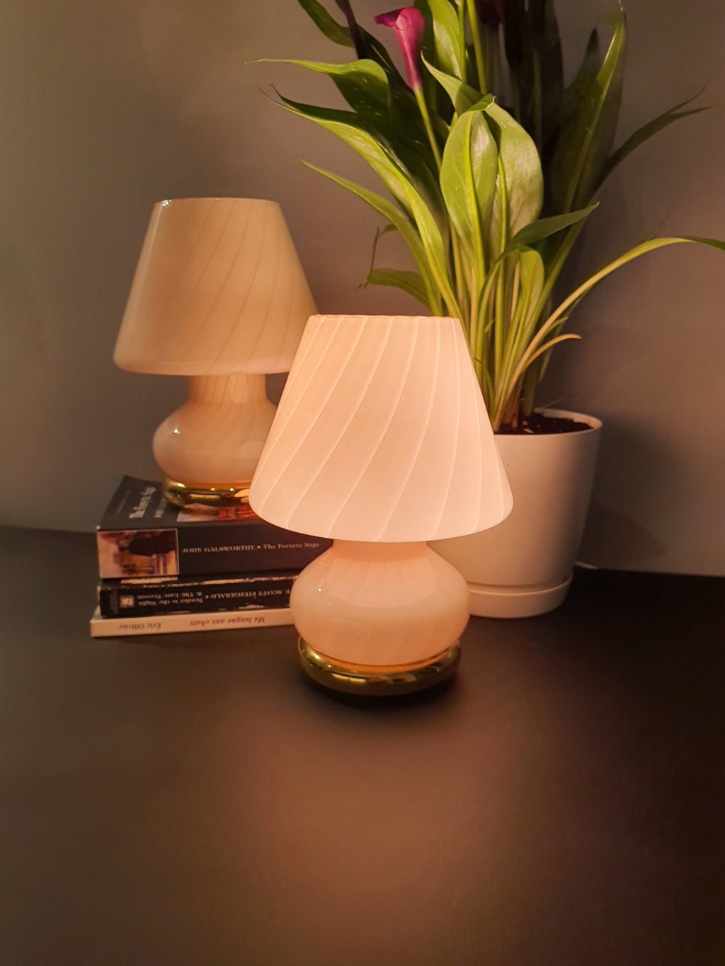Pair of Peach Swirl Murano Glass Mushroom Lamps - 1970s MCM Italian Design