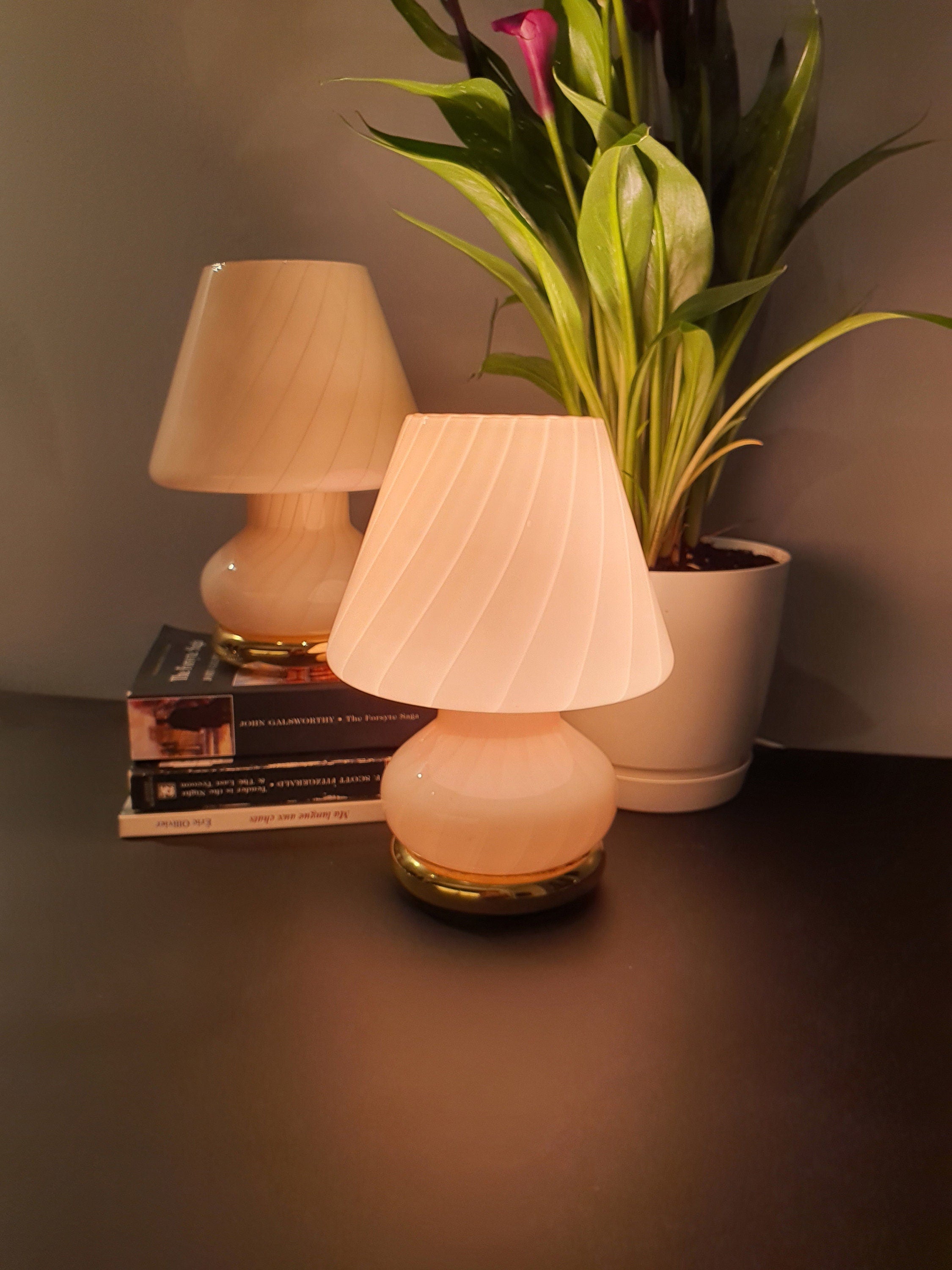 Pair of Peach Swirl Murano Glass Mushroom Lamps - 1970s MCM Italian Design