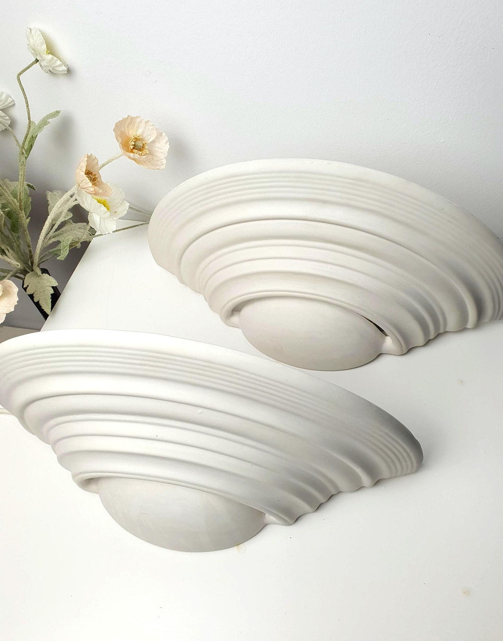 Vintage French Plaster Shell Sconces: Art Deco Minimalist Wall Lights