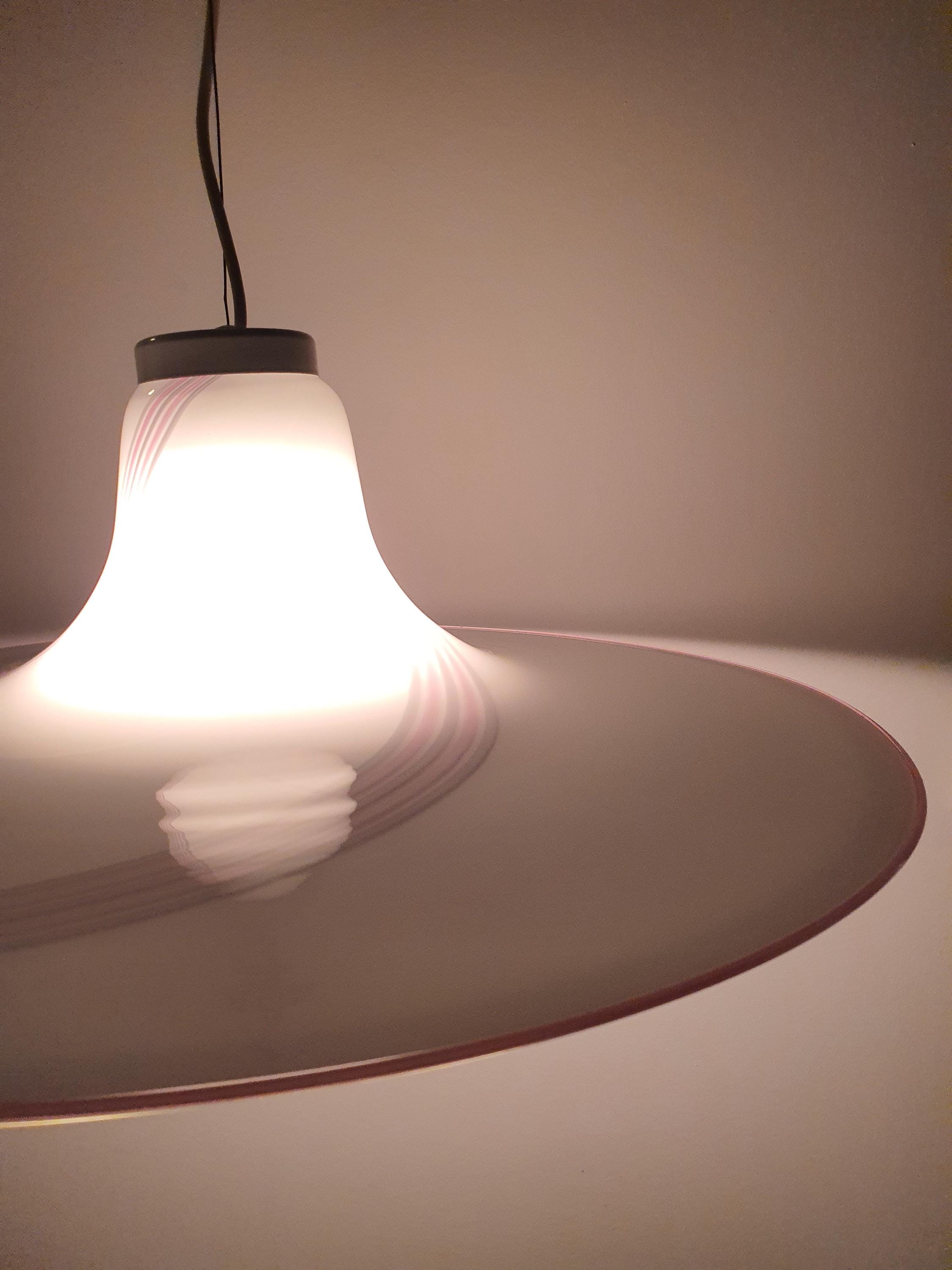 Murano Glass Hat Pendant Light: Pink Gray Swirl, Retro UFO Lamp