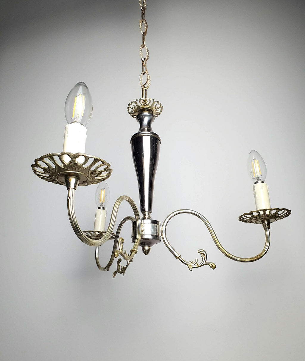 Vintage Italian 3-arm candle chandelier, silver-tone finish with natural patina, Victorian style, 1950s