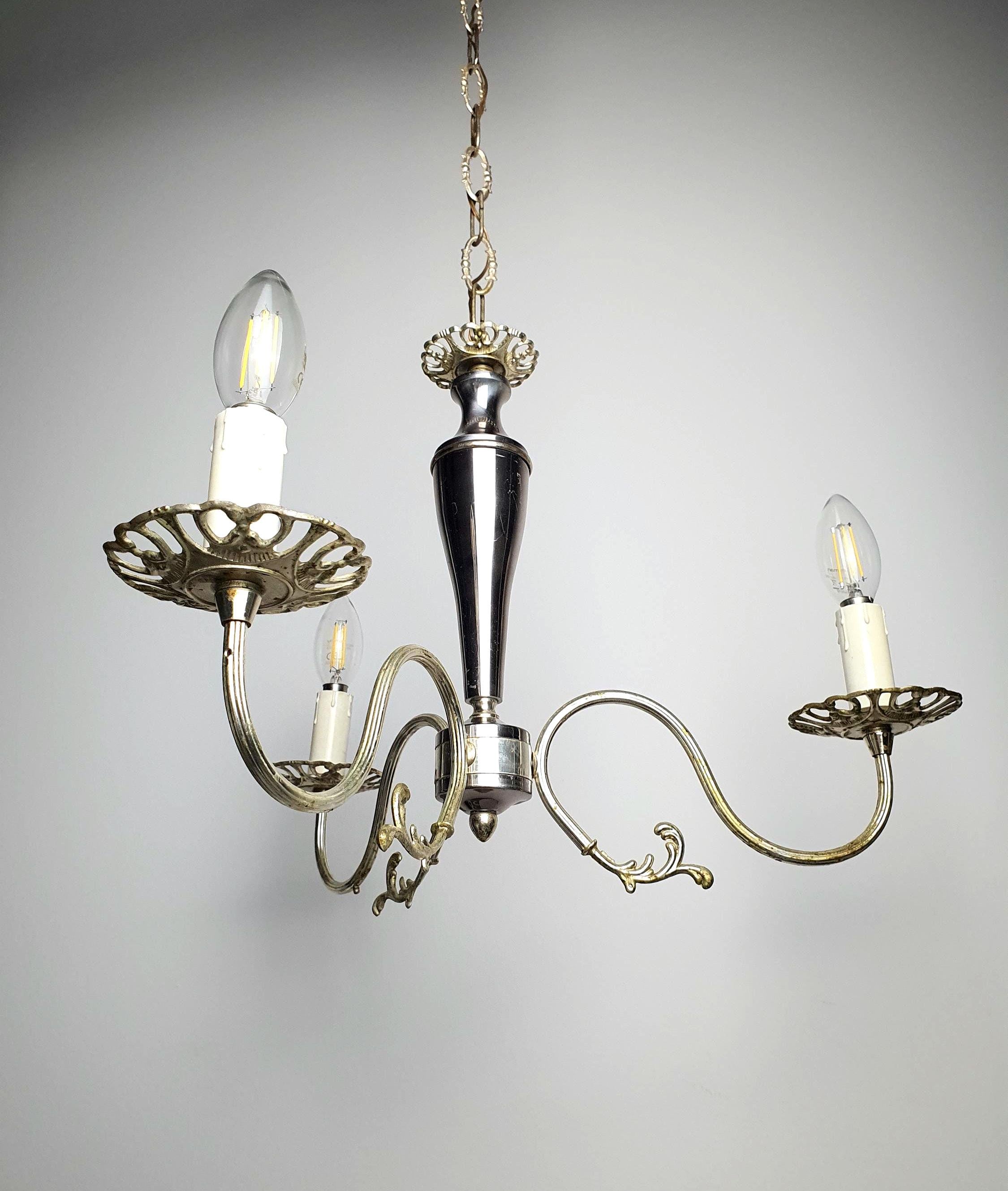 Vintage Italian 3-arm candle chandelier, silver-tone finish with natural patina, Victorian style, 1950s