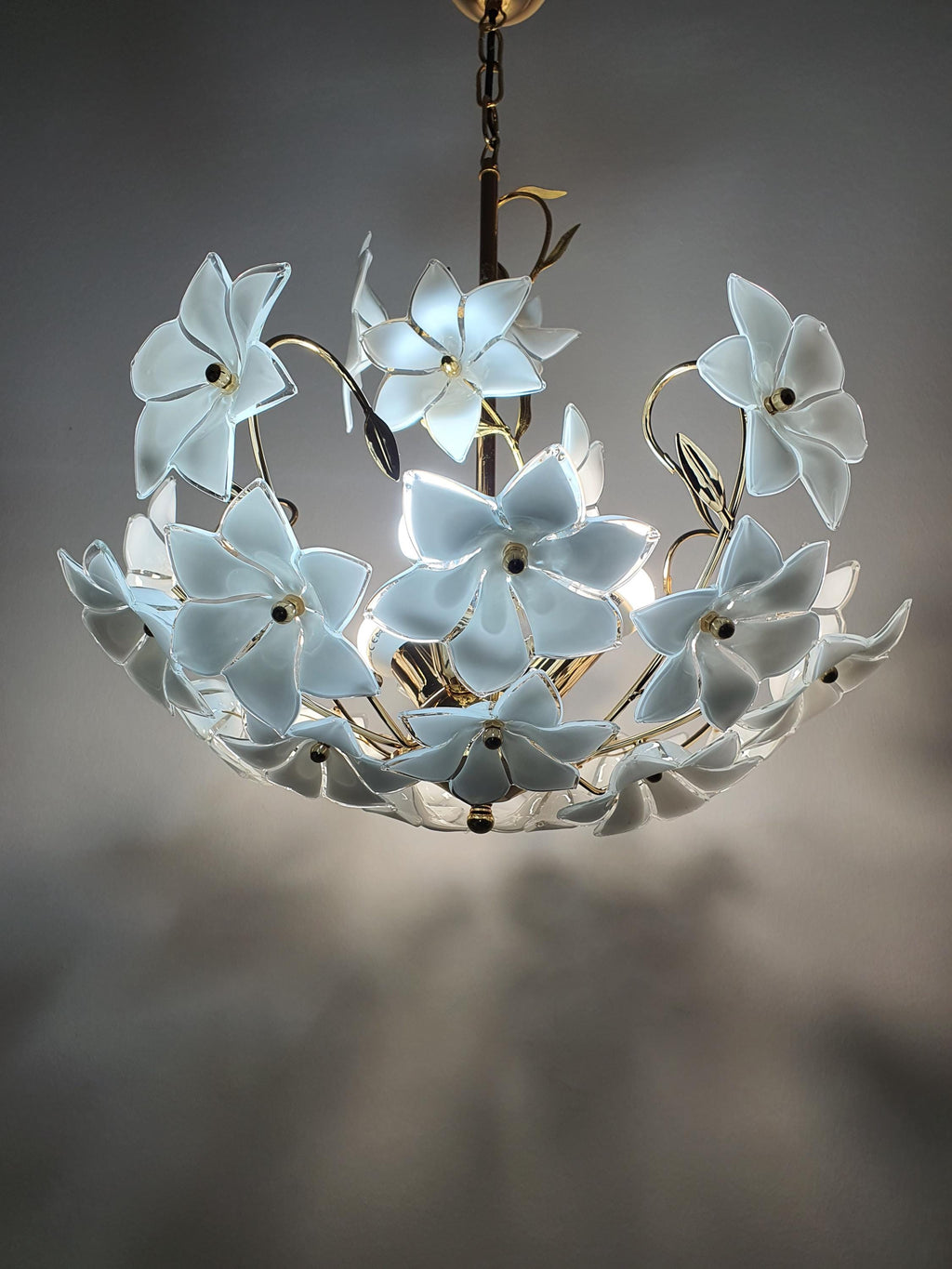 Vintage Murano Glass White Floral Chandelier | Hollywood Regency Dining Lighting