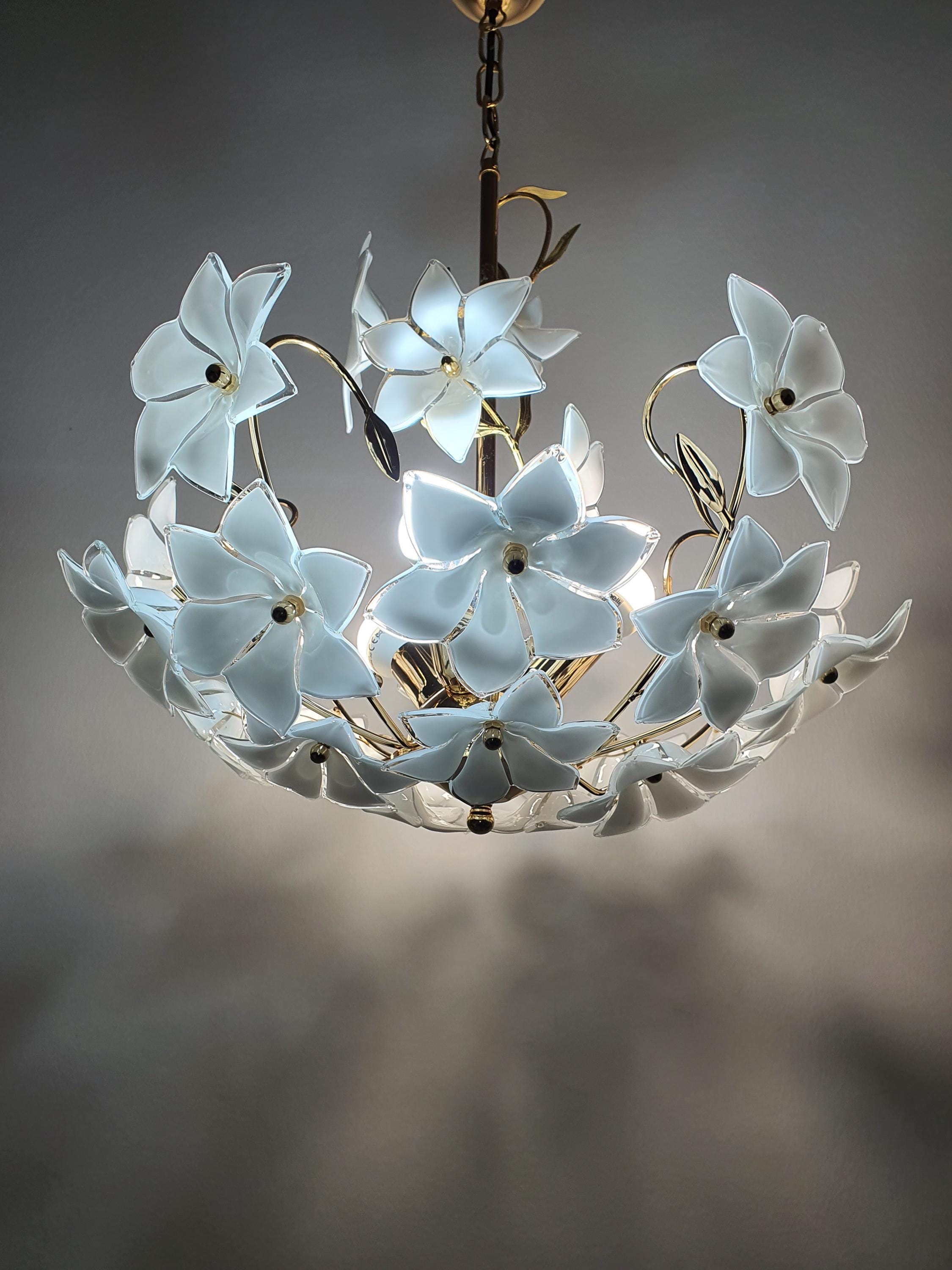 Vintage Murano Glass White Floral Chandelier | Hollywood Regency Dining Lighting