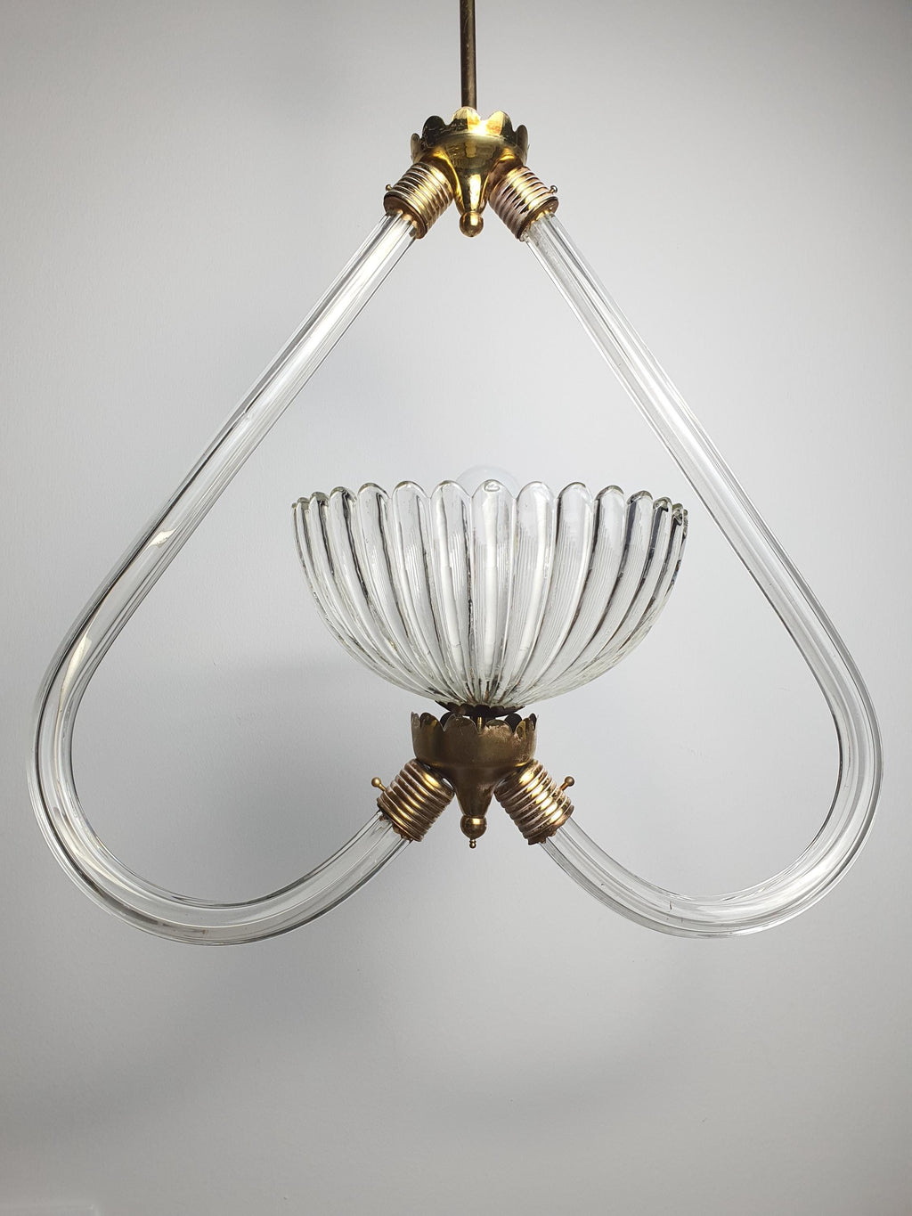 Vintage Murano glass heart-form pendant light attr. Barovier & Toso — clear glass, front view