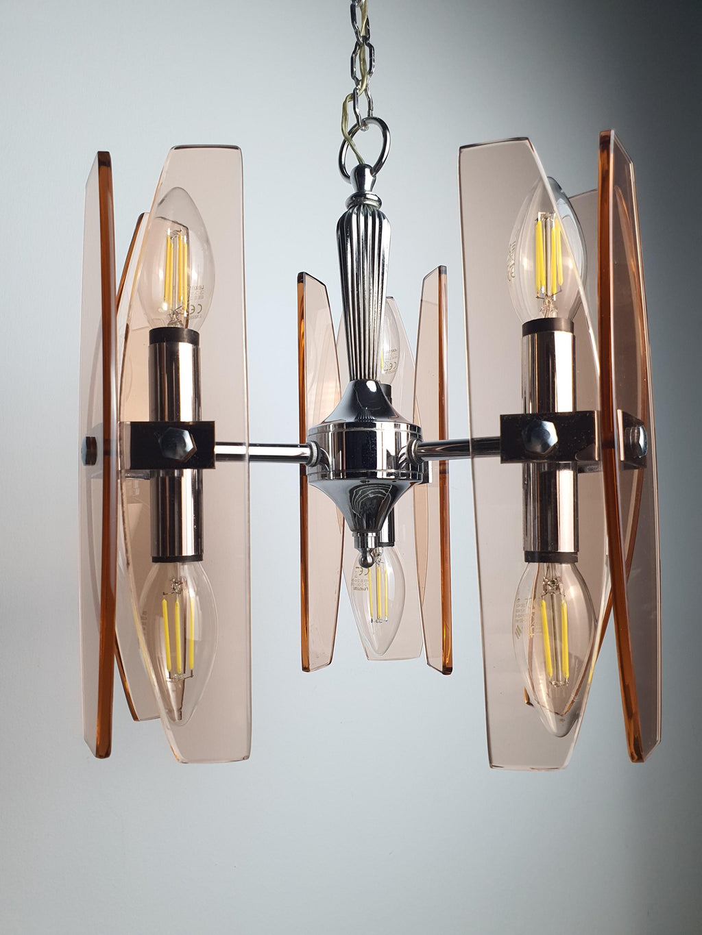 1970s Veca Italian pink glass chandelier — bathroom or entryway setting