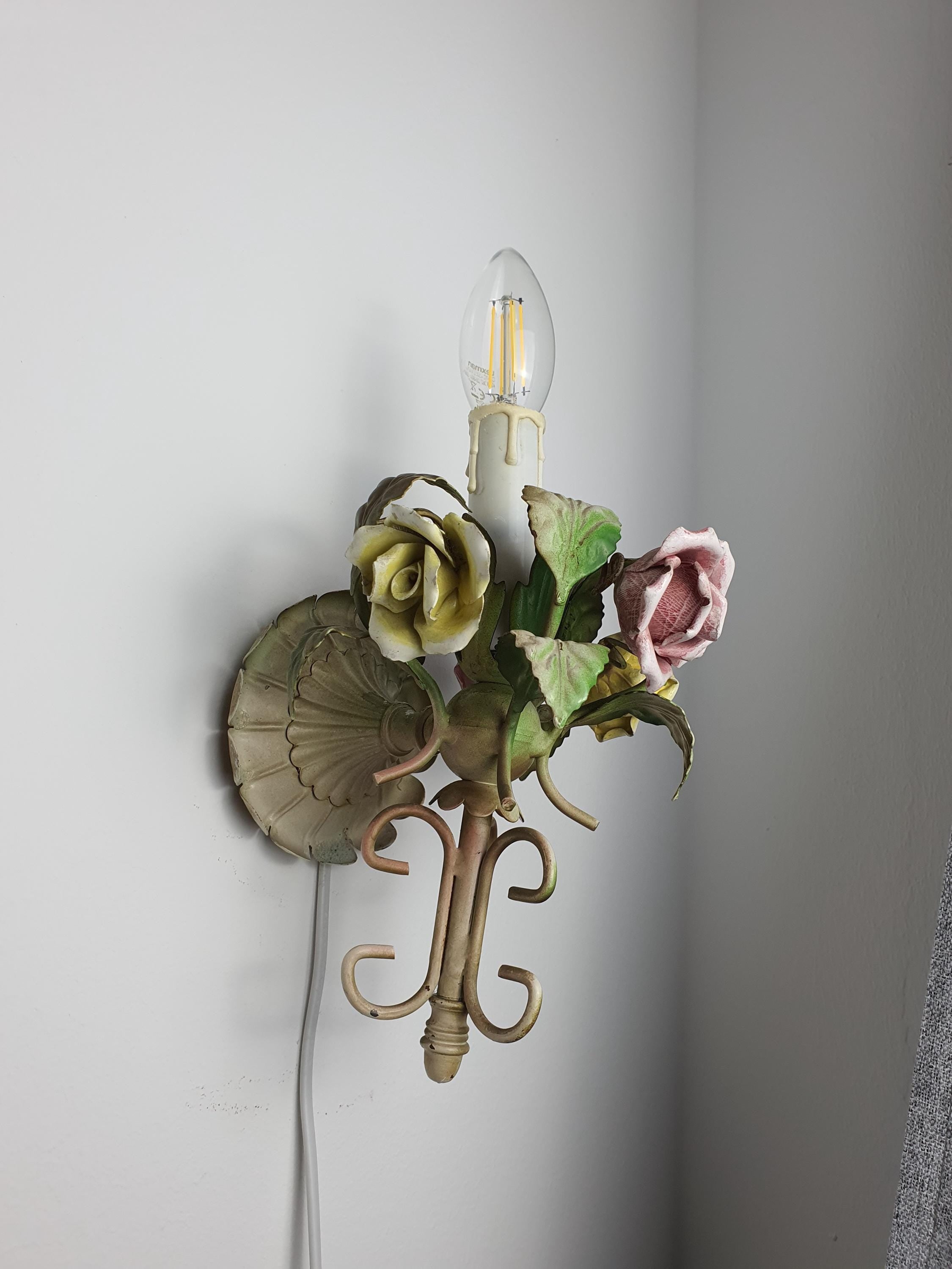 Vintage Italian tole wall sconces pair — shabby chic Mediterranean cottage lighting