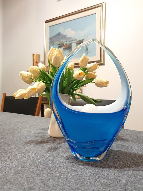 Blaue Tischlampe aus Muranoglas, italienisches Art-déco-Nachttischlicht, handgefertigte Vintage-Beleuchtung