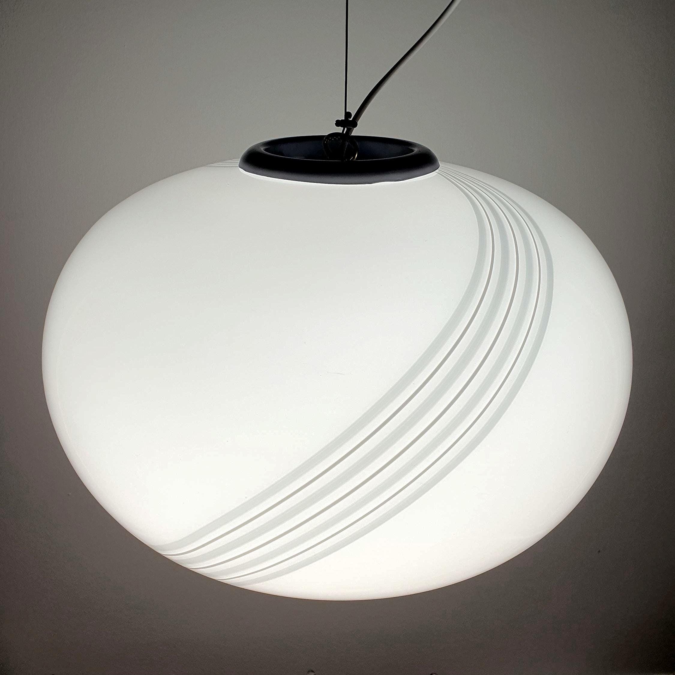 Large Vintage Murano Glass Globe Pendant Light: White Gret Swirl, Retro Scandinavian Decor