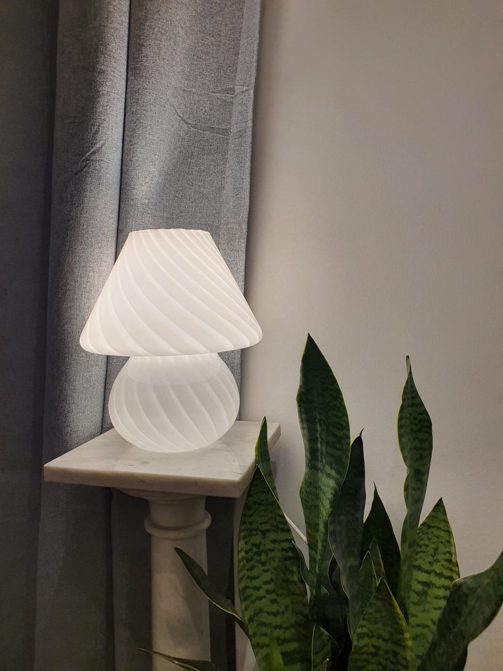 Vintage Murano Glass Mushroom Lamp: White Swirl, MCM Bedside Light