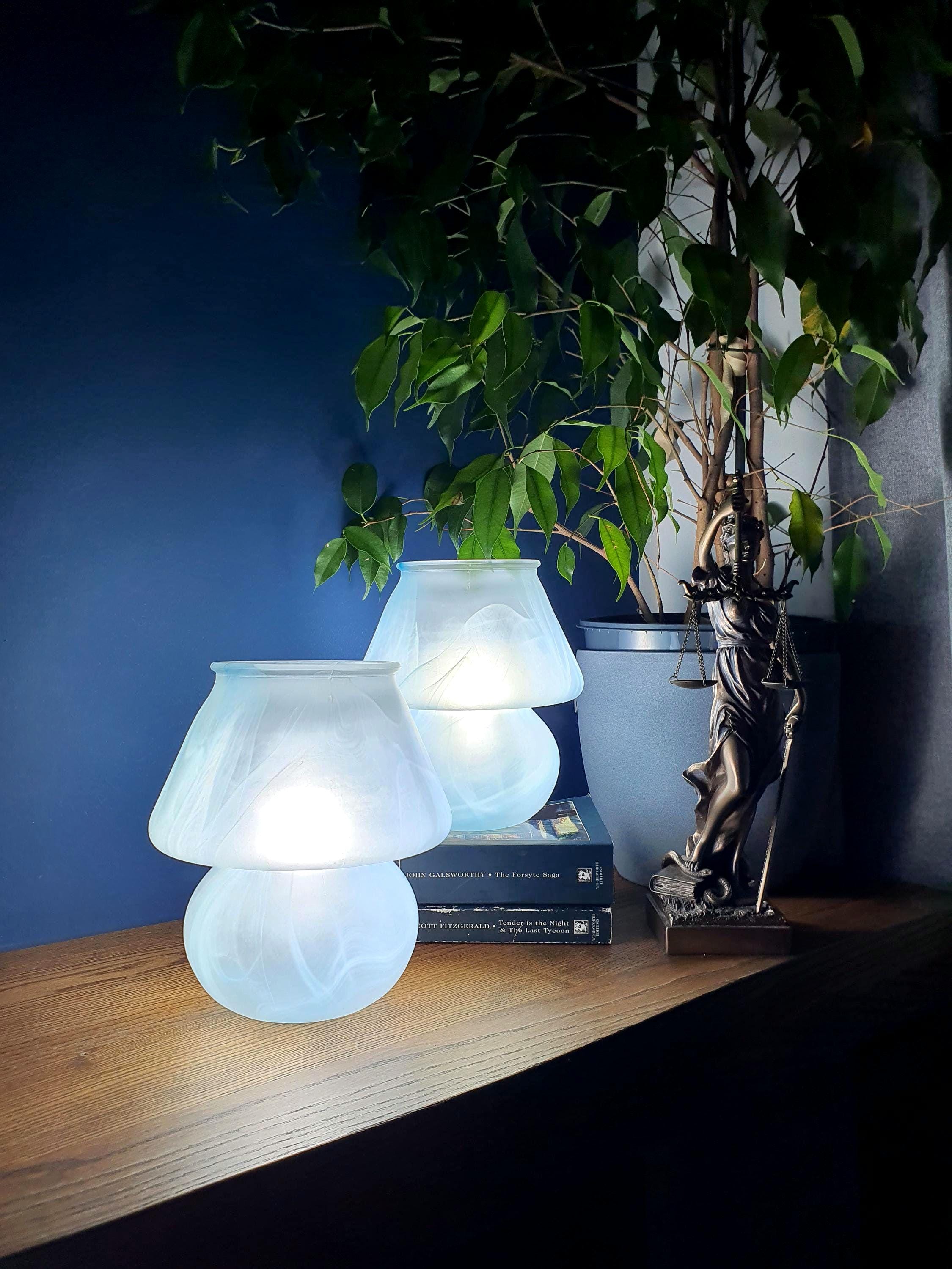 Pair of vintage Due P. Murano glass mushroom table lamps, satin frosted white with blue marbled wave decoration, Italy 1970s–1980s