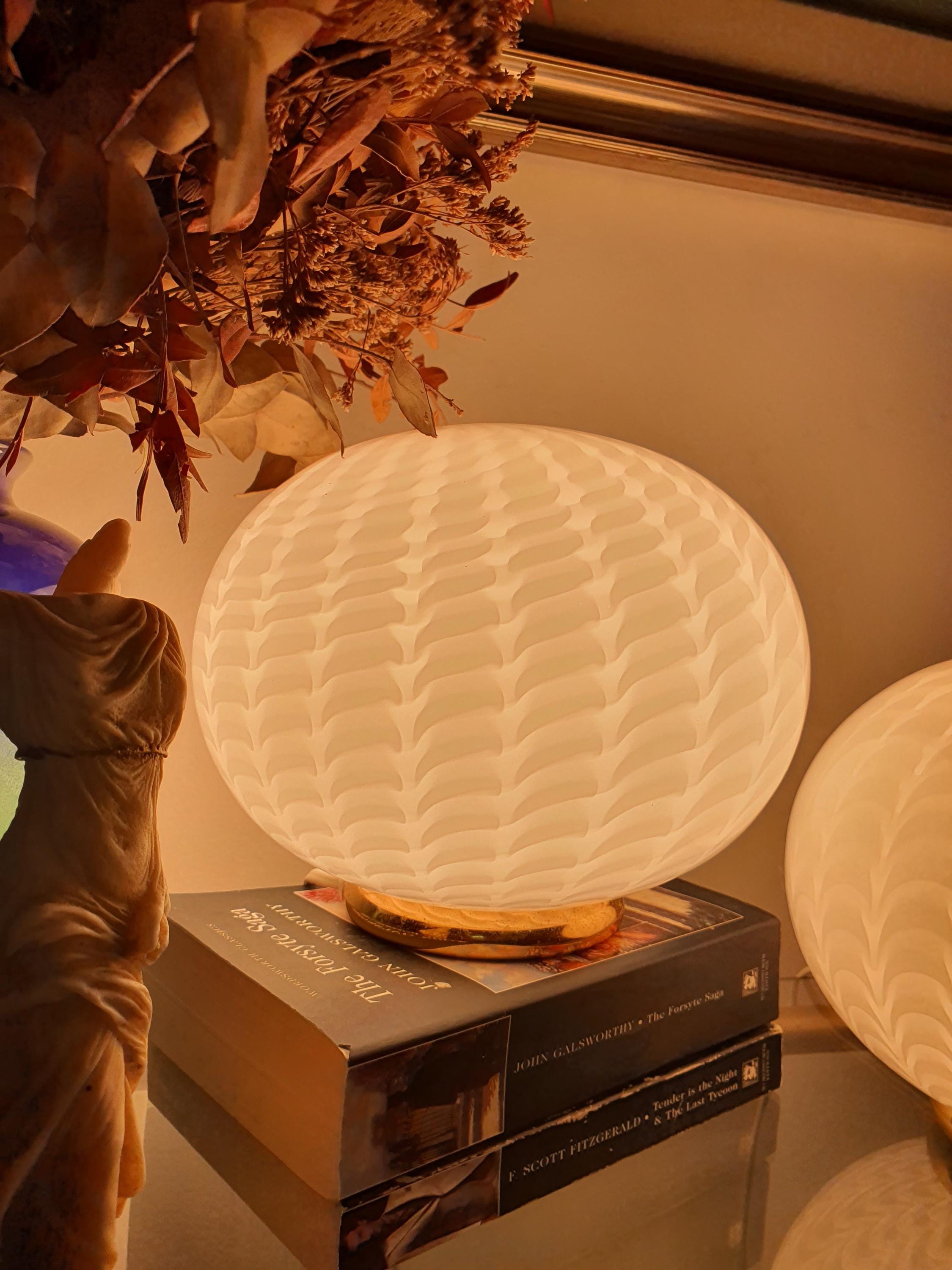 Murano Glass Table Lamps: Vintage White Wave Globe, Italian MCM Design