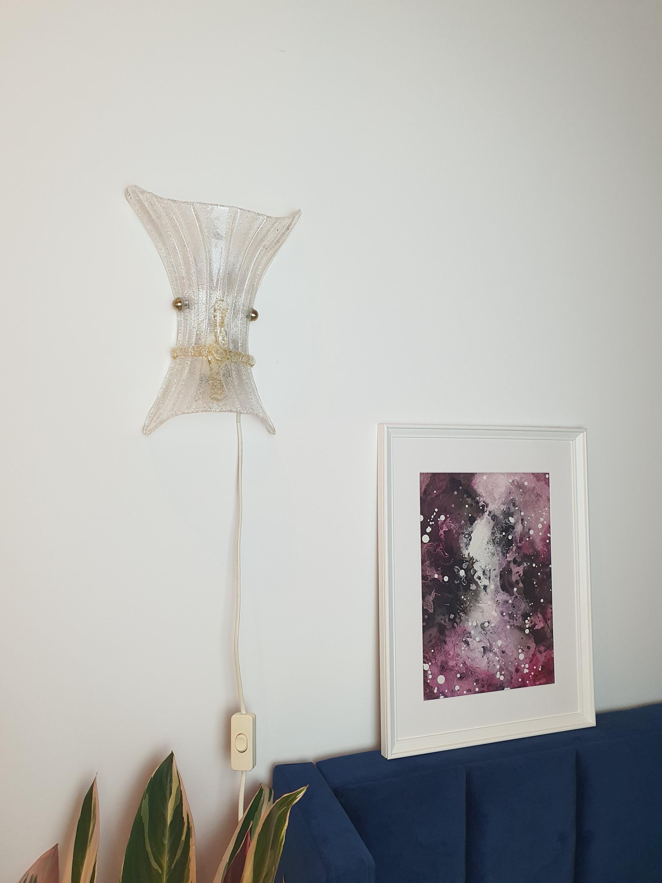 Vintage Murano Frosted Glass Wall Sconce: Venetian Shell Light with Yellow Bow