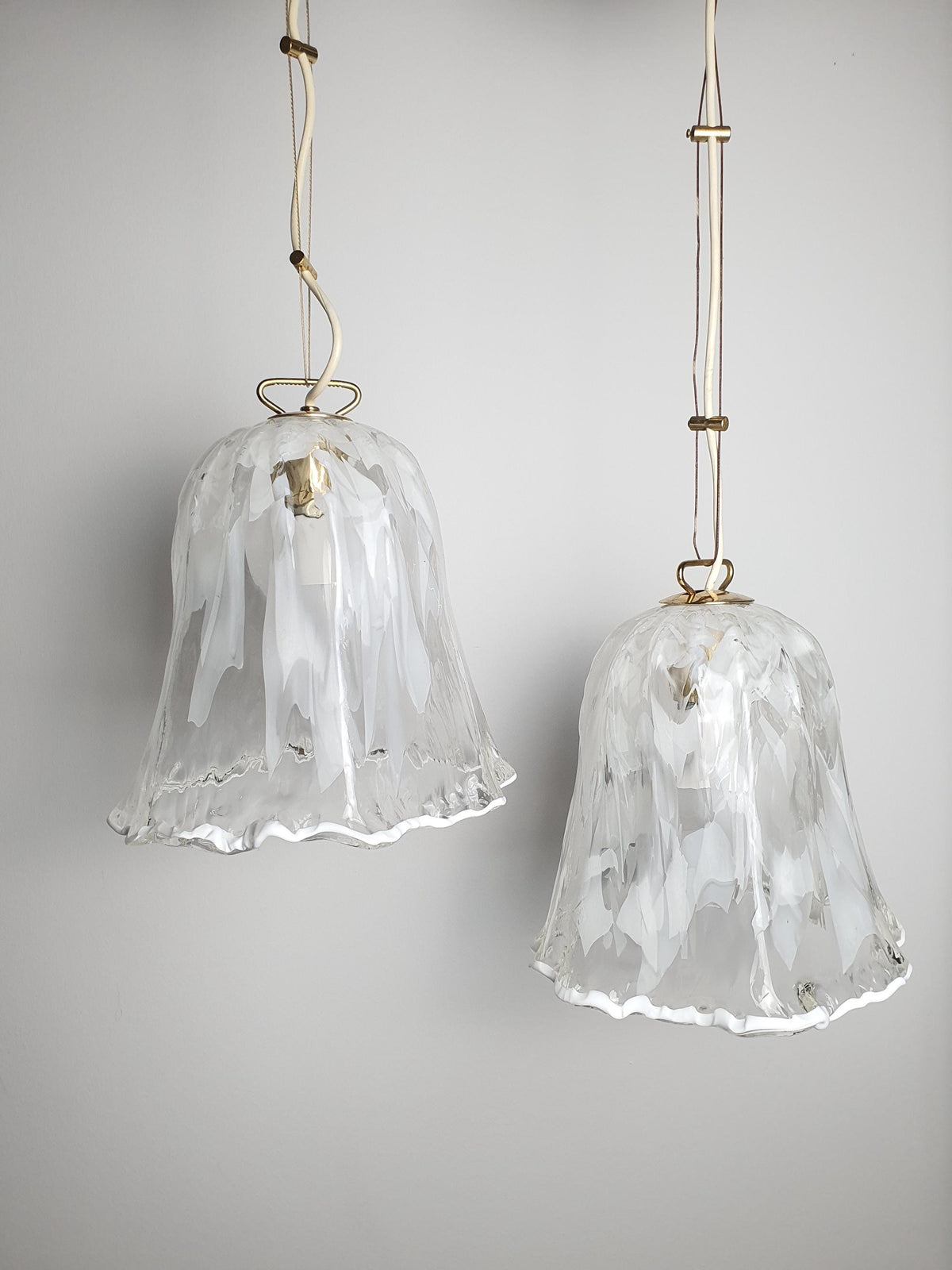 Original suspension cords on vintage La Murrina Murano glass pendant lights
