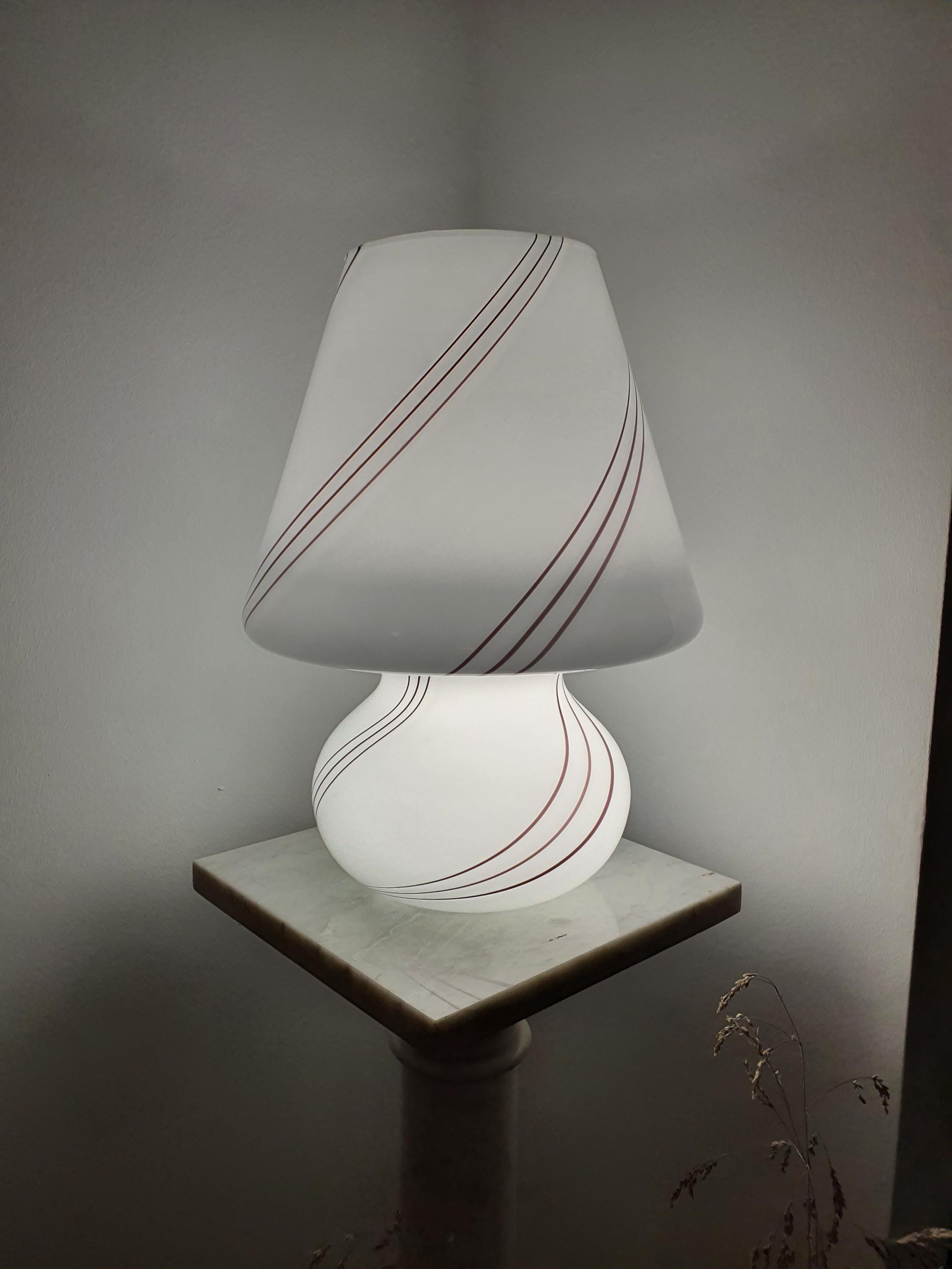 Vintage Murano Glass Mushroom Table Lamp | White with Black Swirl Lines | Mid-Century Italian Lighting