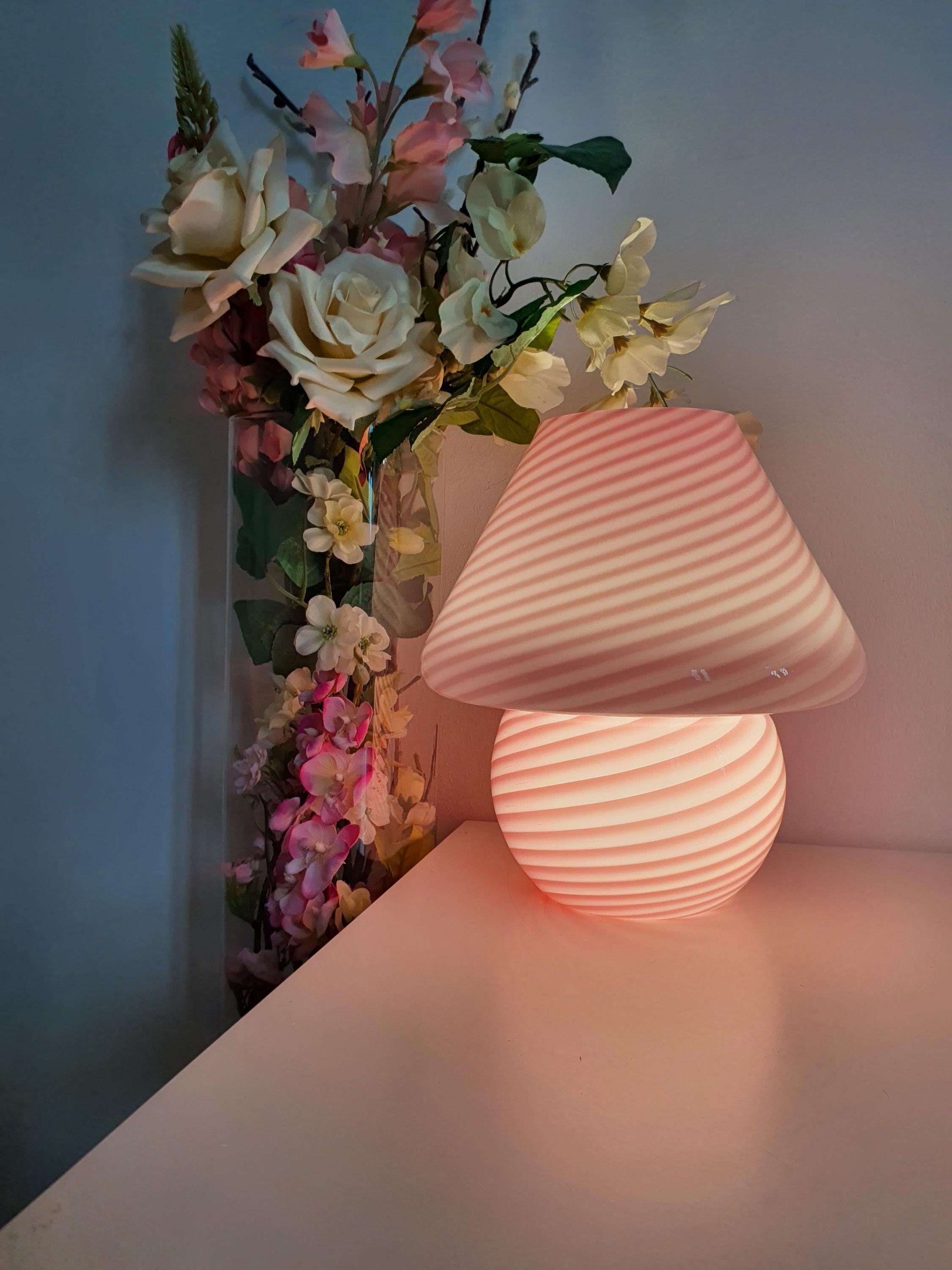 Candy Pink Swirl Murano Glass Lamp: Handcrafted Retro Accent Light